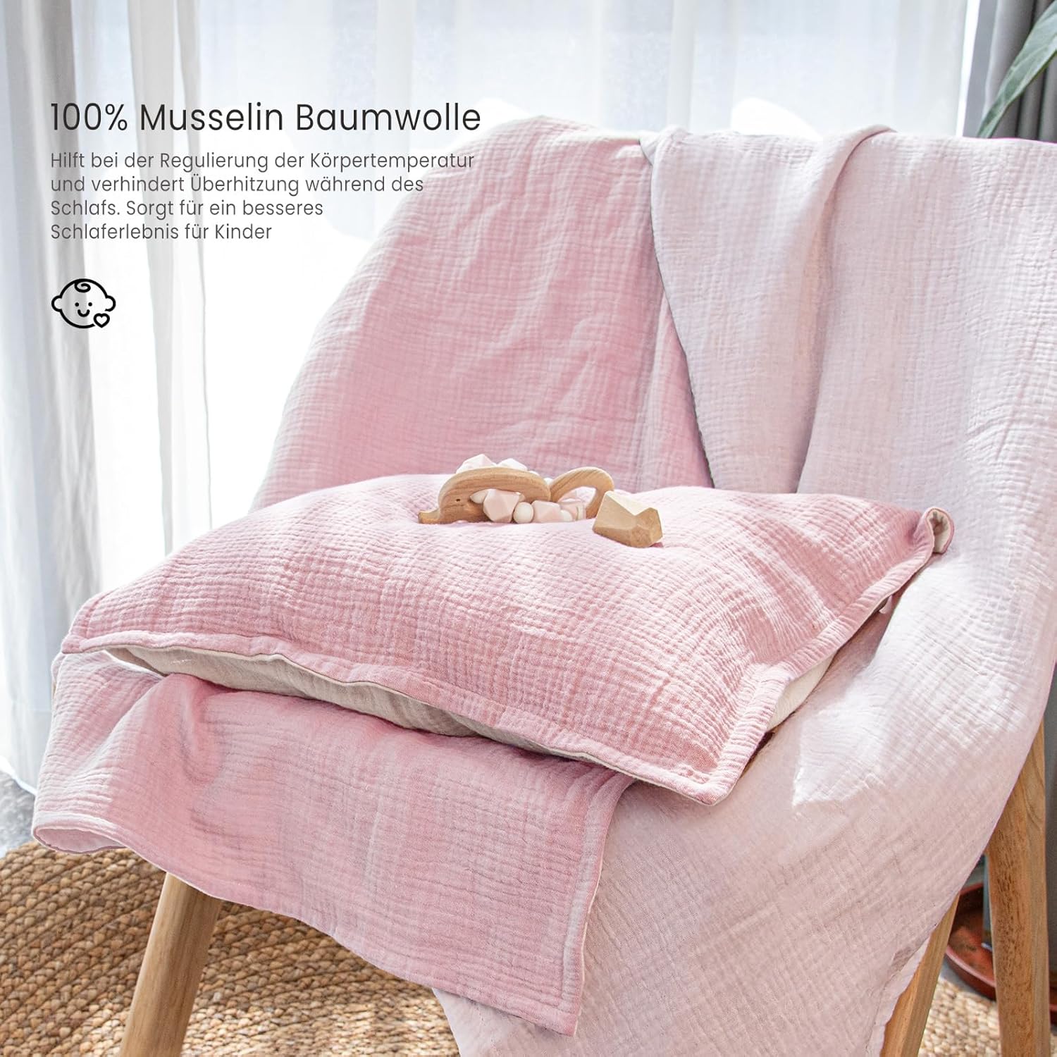 Detalle de lulumoon Kinderbettwäsche 100x135 + 40x60 aus Musselin-Baumwolle, OEKO-TEX Standard 100