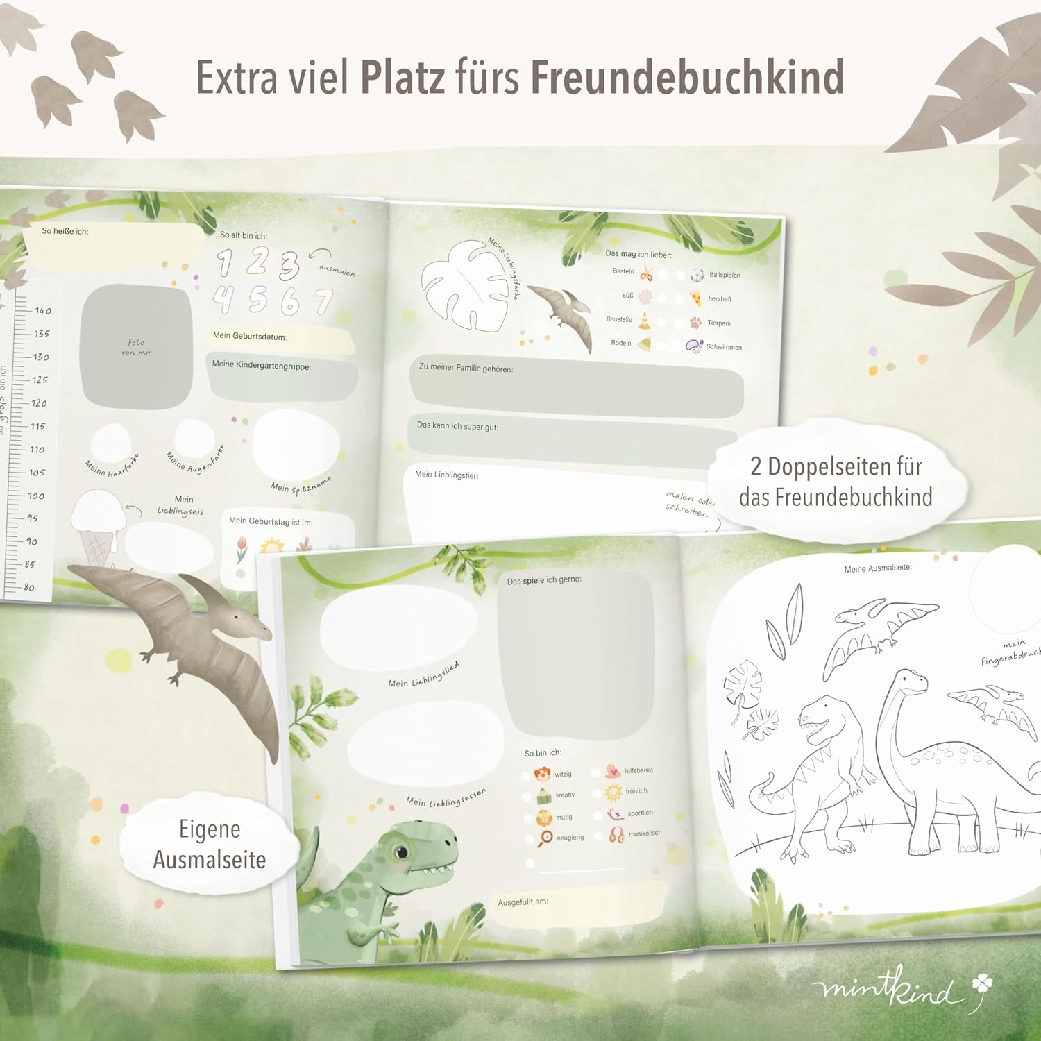 Detalle de mintkind Freundebuch Kindergarten Dino 21x21 Hardcover – 80 Seiten, Goldprägung