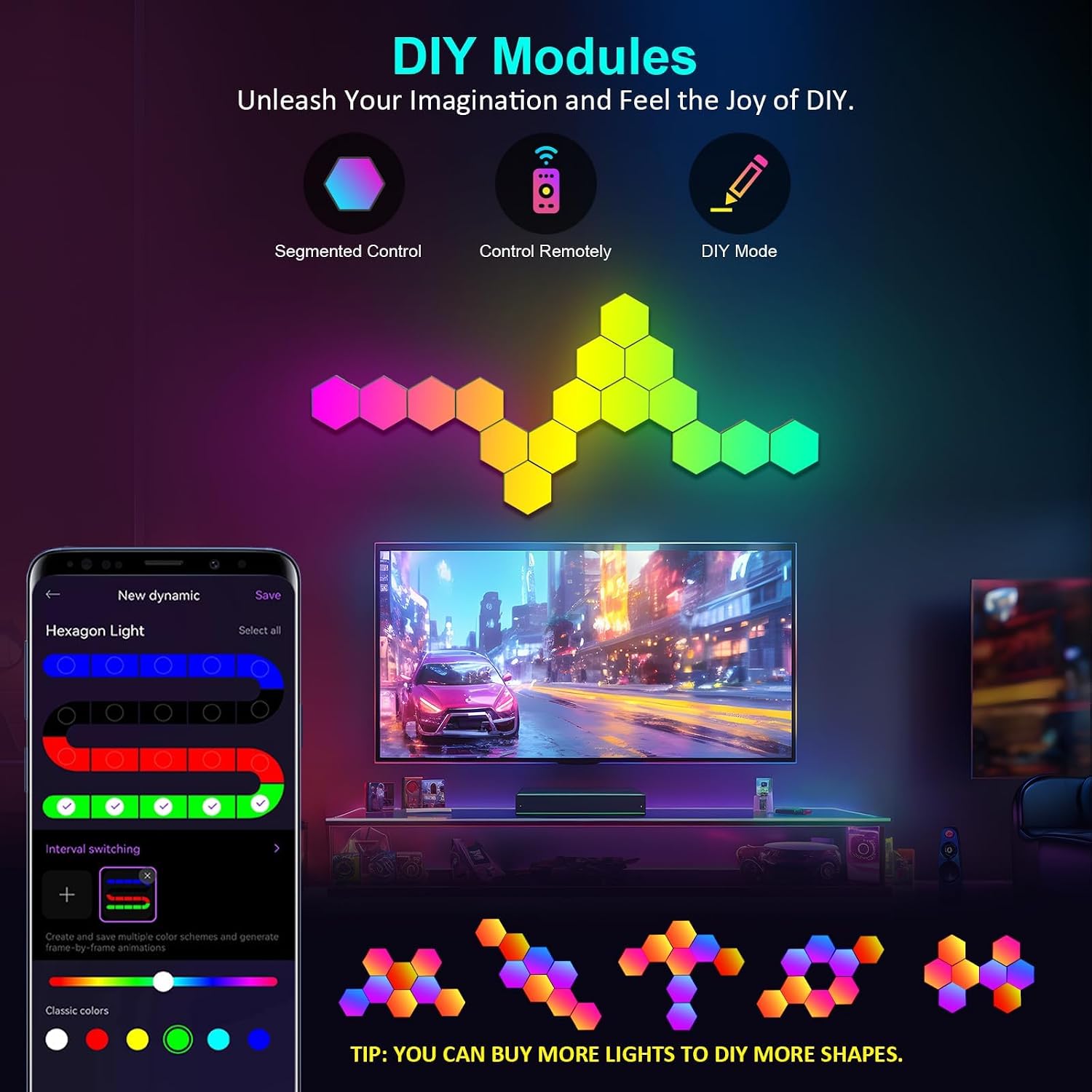 Detalle 2 de MeRGBW-Home 12er Set Hexagon-LED-Panels für Gaming & Deko (RGBW, Musik-Sync, App- und Fernbedienung)