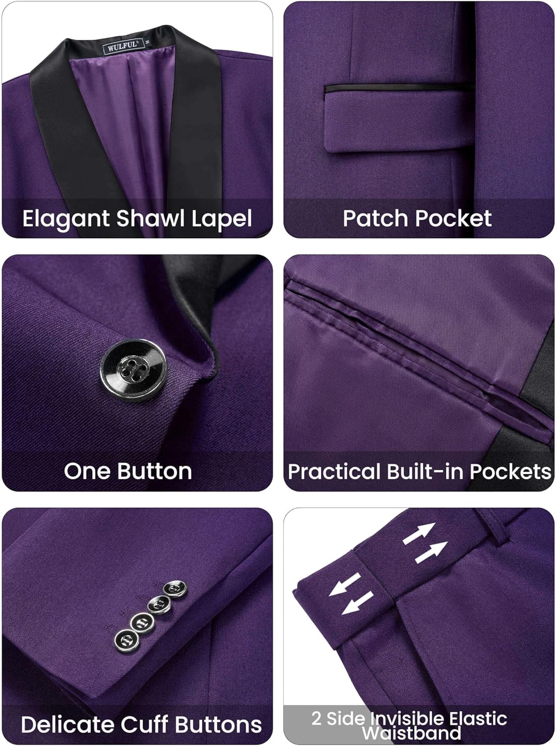 Thumbnail 4 de WULFUL 3 Piece Slim Fit Tuxedo Set 1 Button 🕴