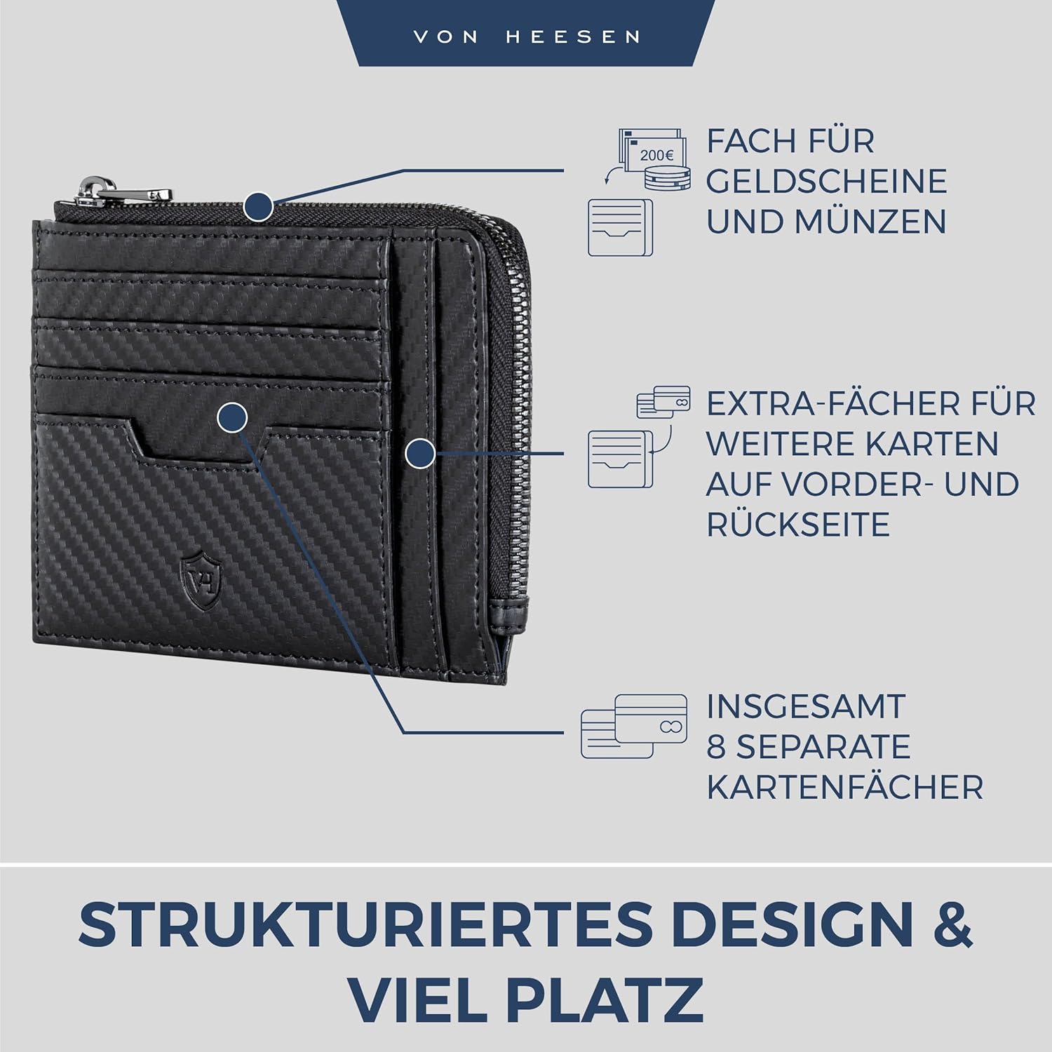 Thumbnail 1 de VON HEESEN Leder Kartenetui Geldbörse „Schwarz Carbon“ für Herren & Damen