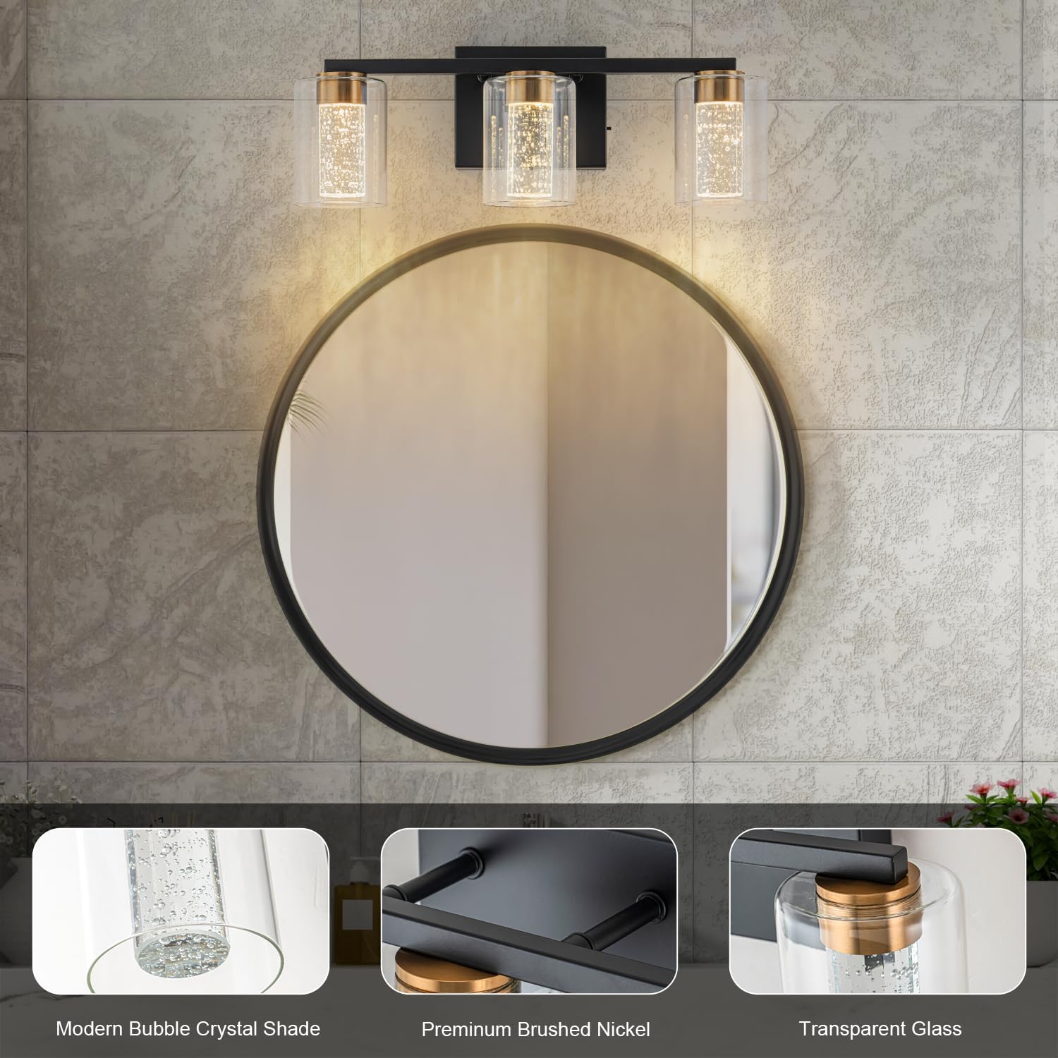 Detalle 2 de SineRise a6ca2b1c-22fd-4691-99f6-5eeed2f84787 3-Light Vanity Light, Black and Gold