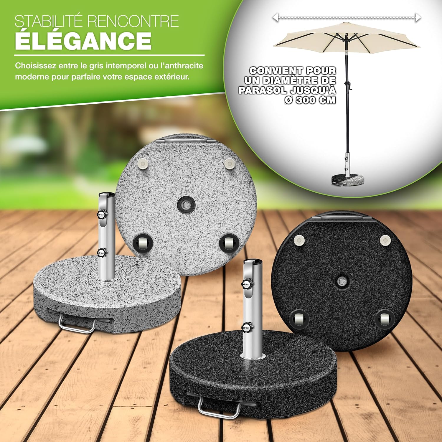 Thumbnail 6 de Pied de parasol tillvex rond en granit de 27 kg avec roulettes et tube en acier inoxydable