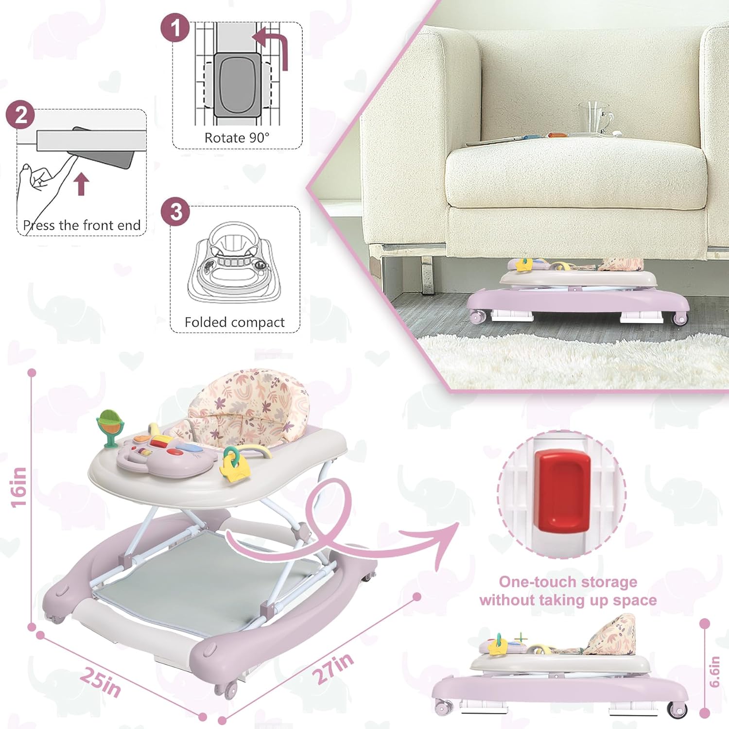 Thumbnail 2 de Foldable Baby 5-in-1 Activity Walker (Purple) with Adjustable Height, Music & Toys