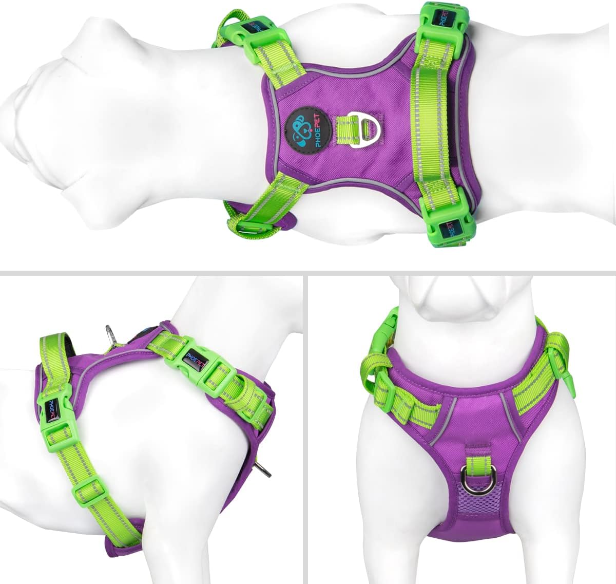Detalle 2 de PHOEPET No-Pull Hundewestengeschirr mit verstellbaren Gurten und Reflexstreifen – Violett/Grün