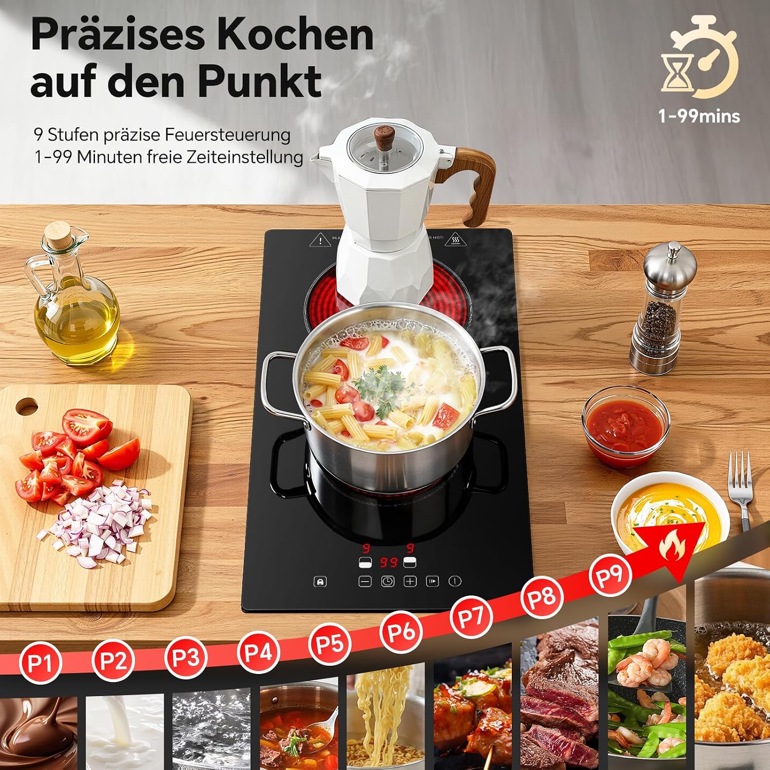 Detalle 2 de SNDOAS Glaskeramik-Kochfeld mit 2 Platten, 3000 W, Touch, Timer (1–99 Min) und Kindersicherung – schwarz