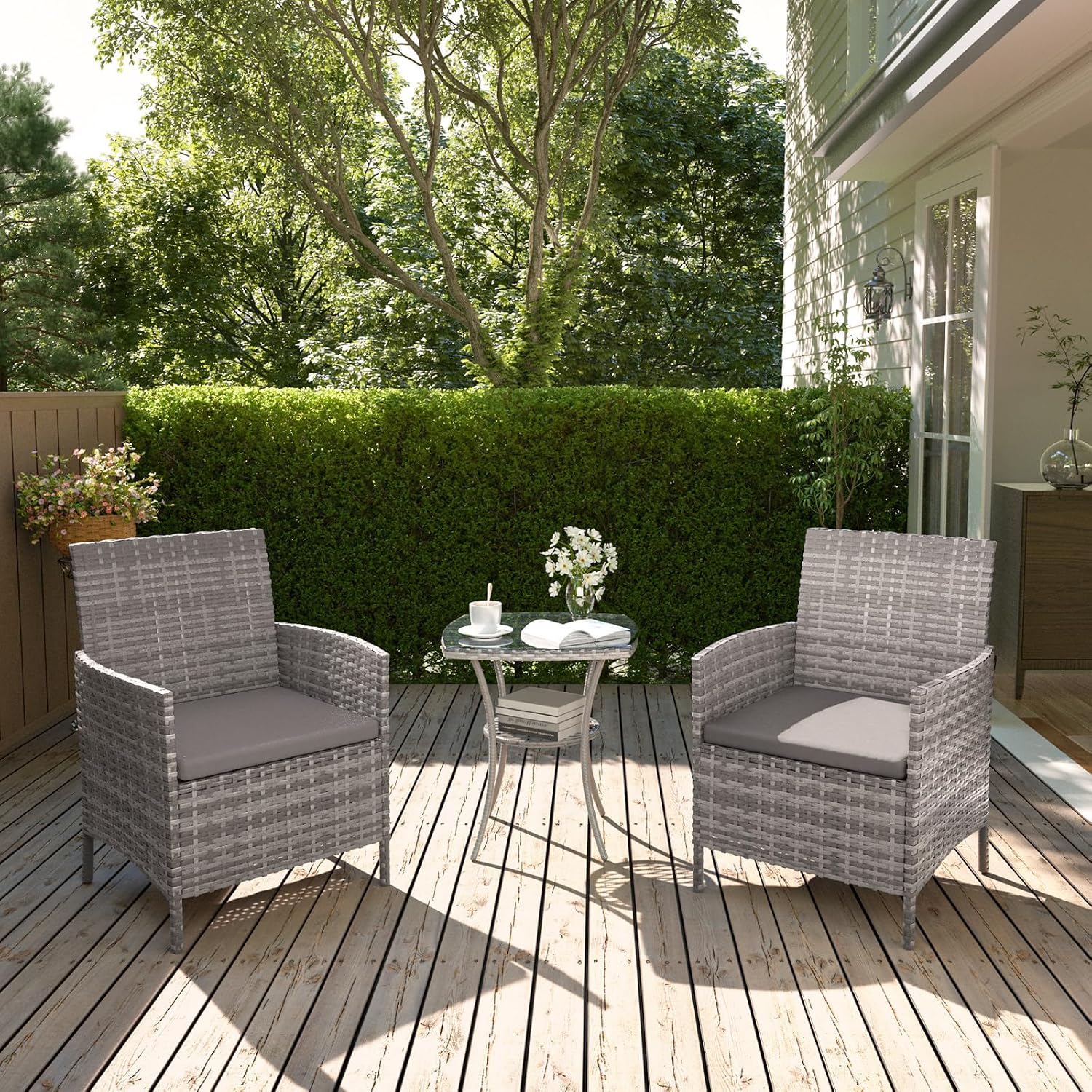 Thumbnail 2 de UDPATIO 3-teilige Gartenlounge Set für 2 Personen mit Glastisch und 2 Stühlen (Polyrattan), grau