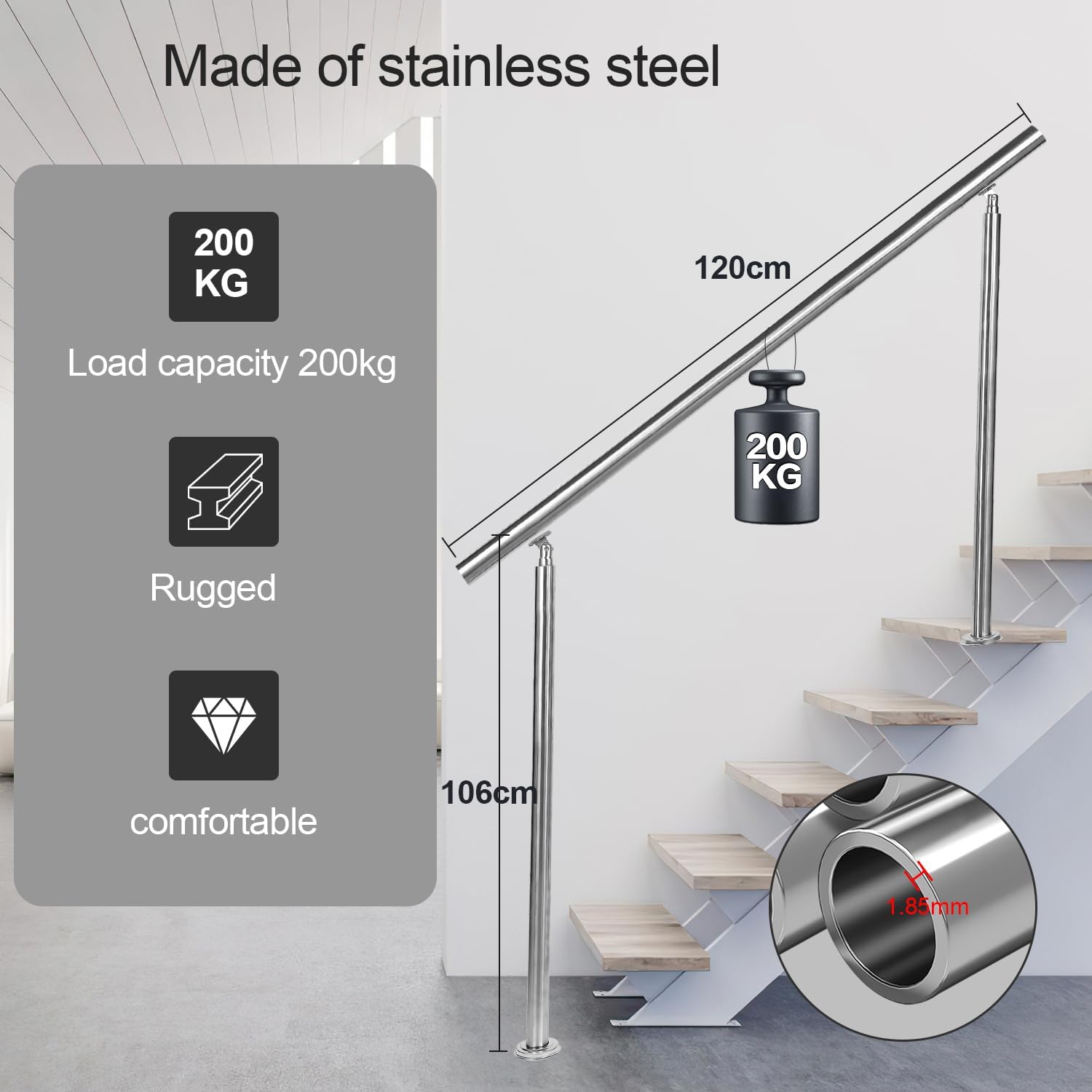 Thumbnail 1 de Sonnewelt Corrimano in acciaio INOX 120 cm – Ringhiera per scale interne ed esterne (senza barre trasversali)