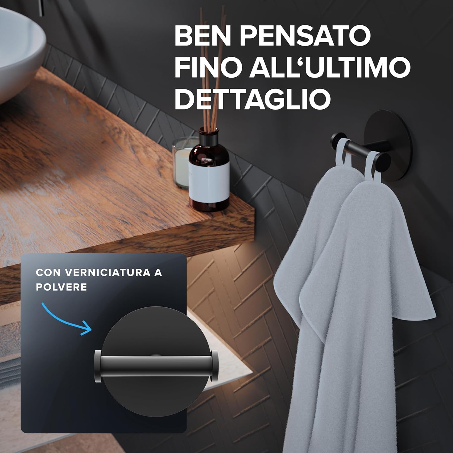 Thumbnail 3 de Gancio doppio per asciugamani Vigra di Ovimar: installazione adesiva in acciaio inox nero opaco