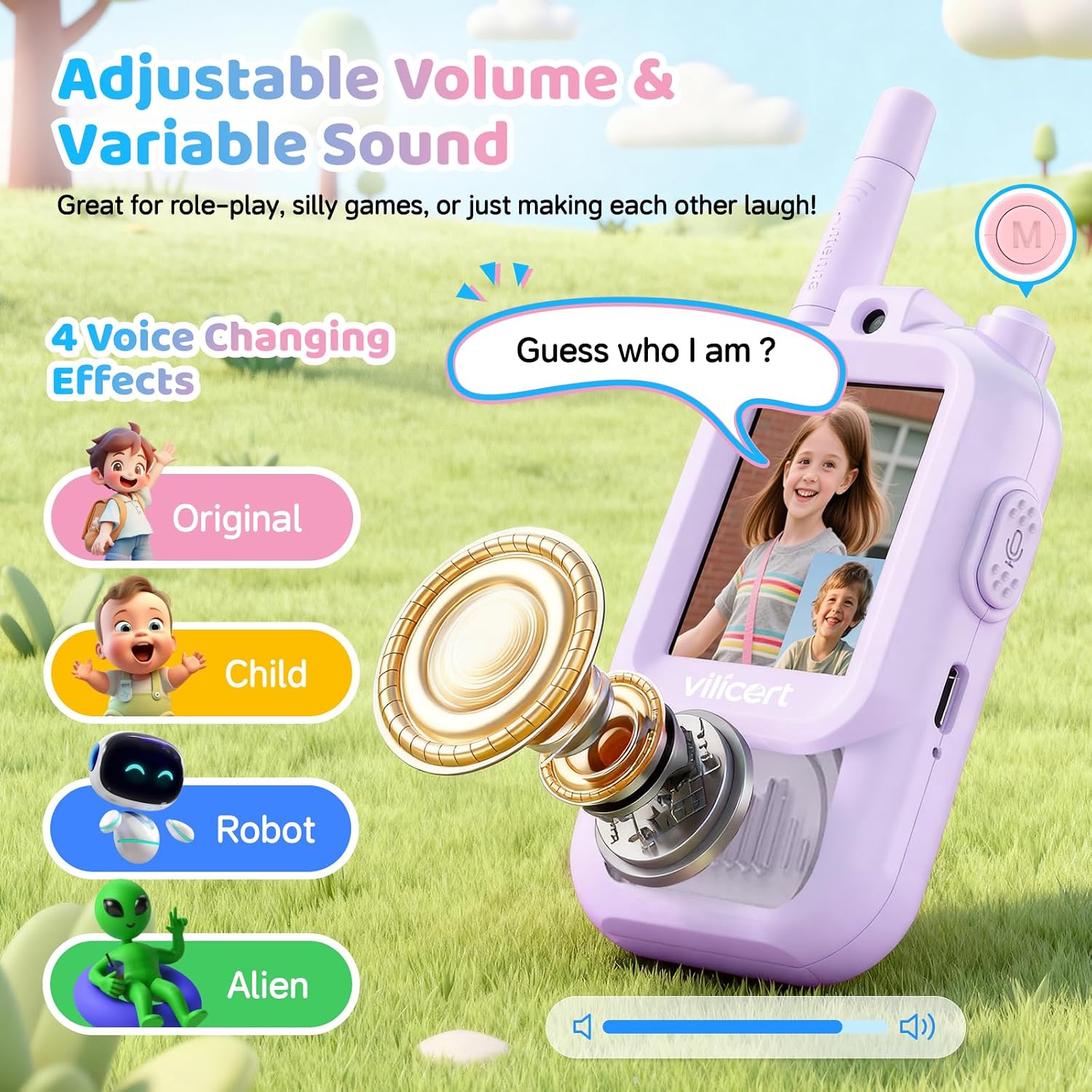 Detalle 2 de vilicert Kids Video Walkie Talkies with Voice Changer, 11 Channels, Purple