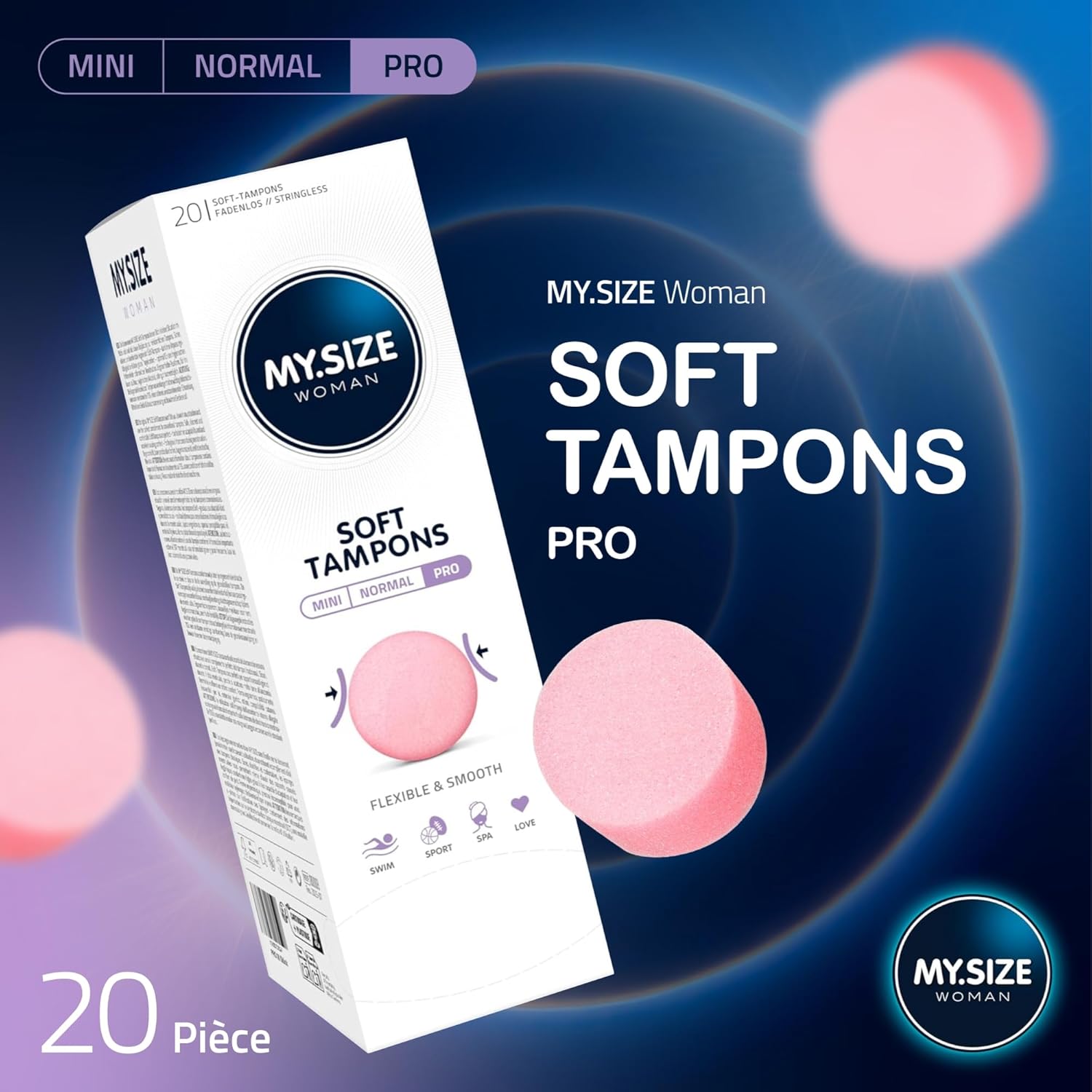Thumbnail 1 de MY.SIZE Soft Tampons PRO sans ficelle – 20 pièces, confort pour le sport, l’amour et le spa