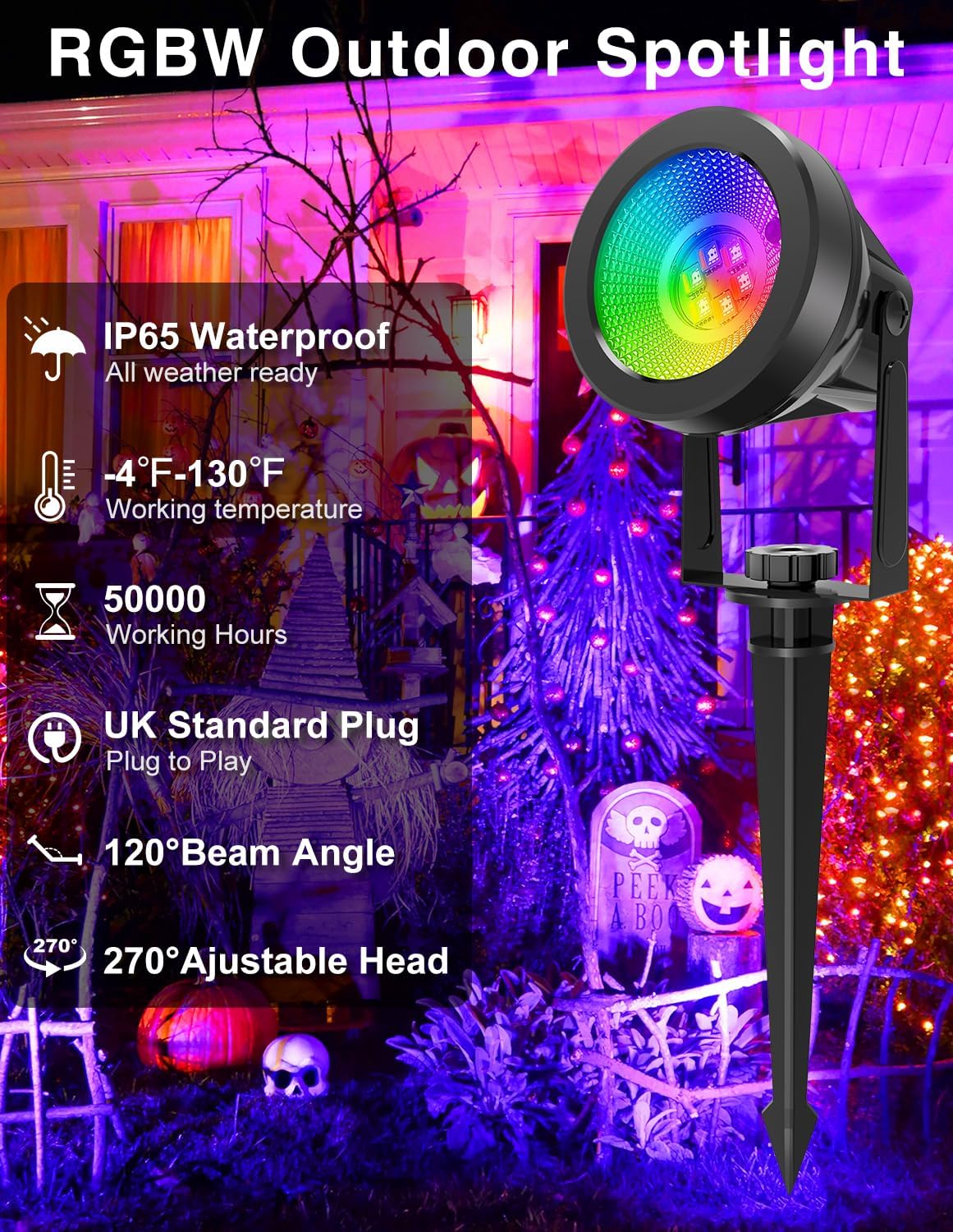 Detalle de NATPOW Garden Lights Mains Powered RGB Spot Lights (2 Pack) with 1.5m Cable and Remote – IP65 Waterproof