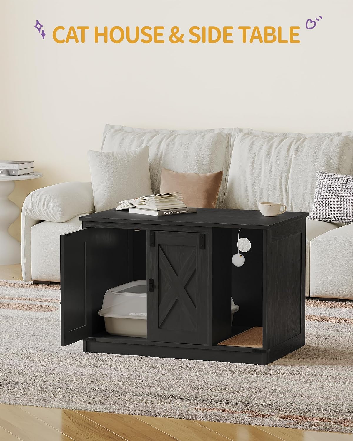 Detalle 1 de Hzuaneri CB82404X Cat Litter Box Enclosure, Black Farmhouse Cabinet with Curved Entry