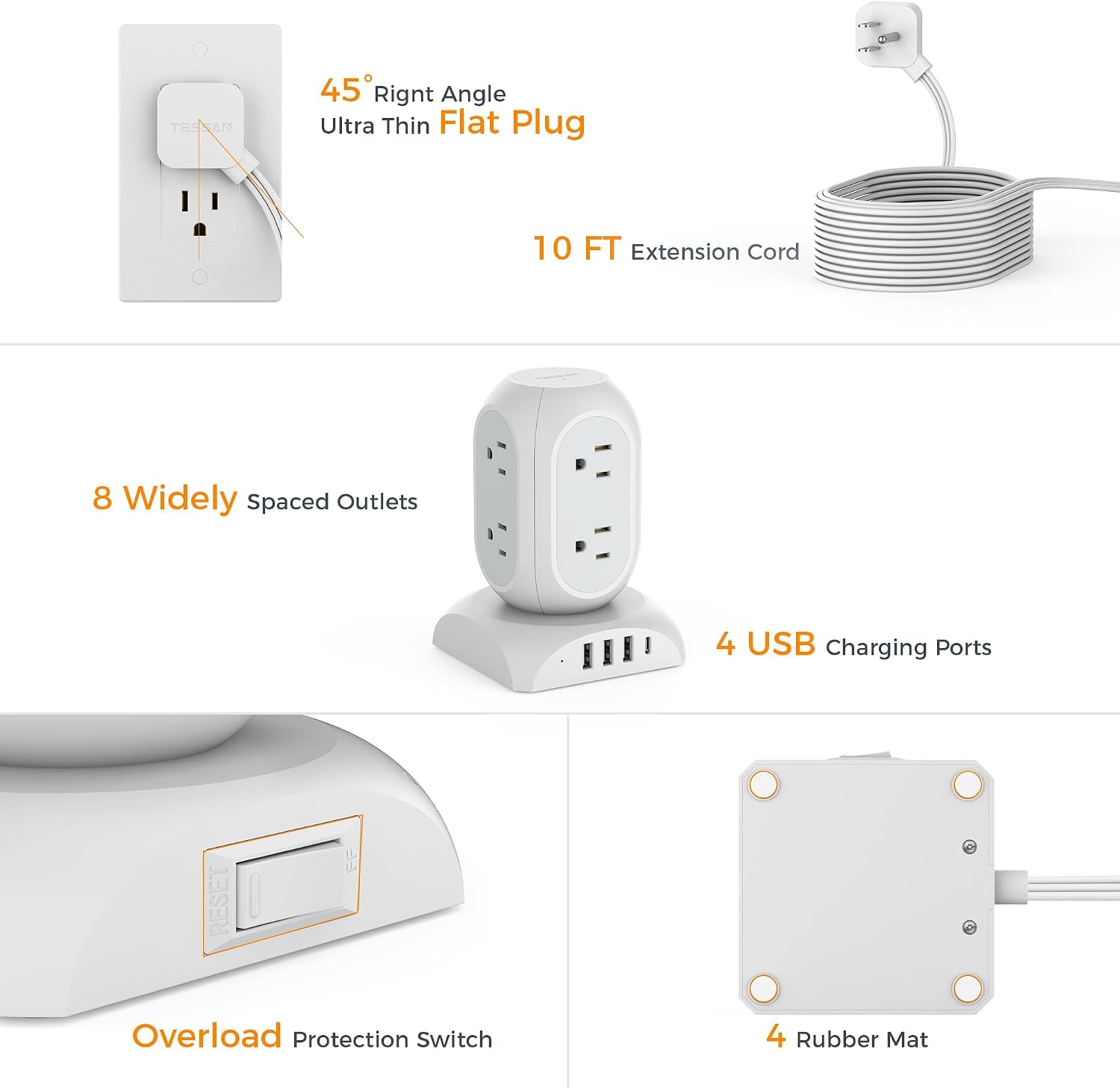 Thumbnail 3 de TESSAN TPS05-US-C Tower Power Bar with 8 AC Outlets, 4 USB Ports and 1050J Surge Protection