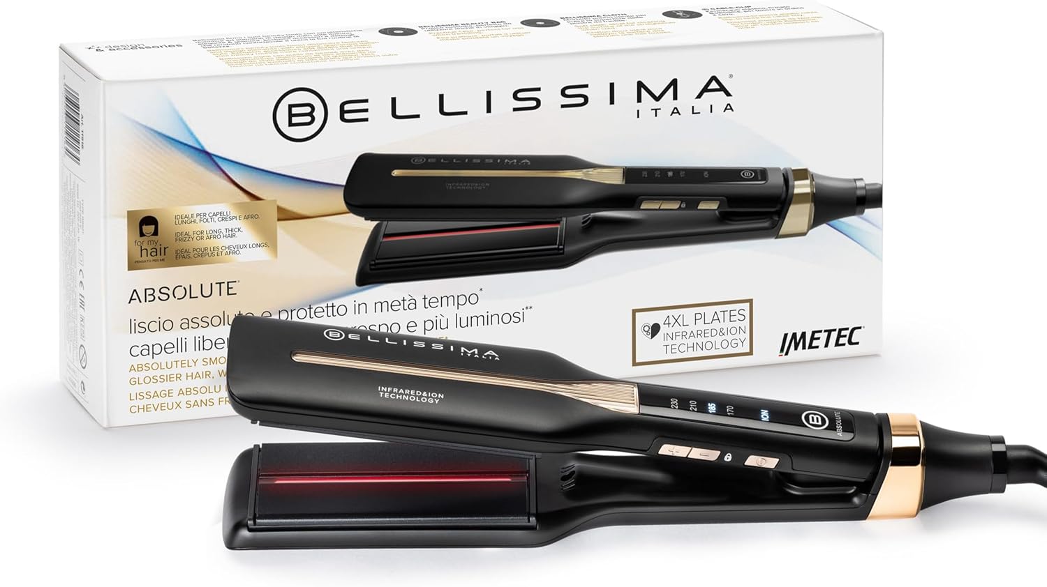 Detalle de Bellissima Imetec Absolute: piastra professionale 4XL con infrarossi, ioni e controllo del calore