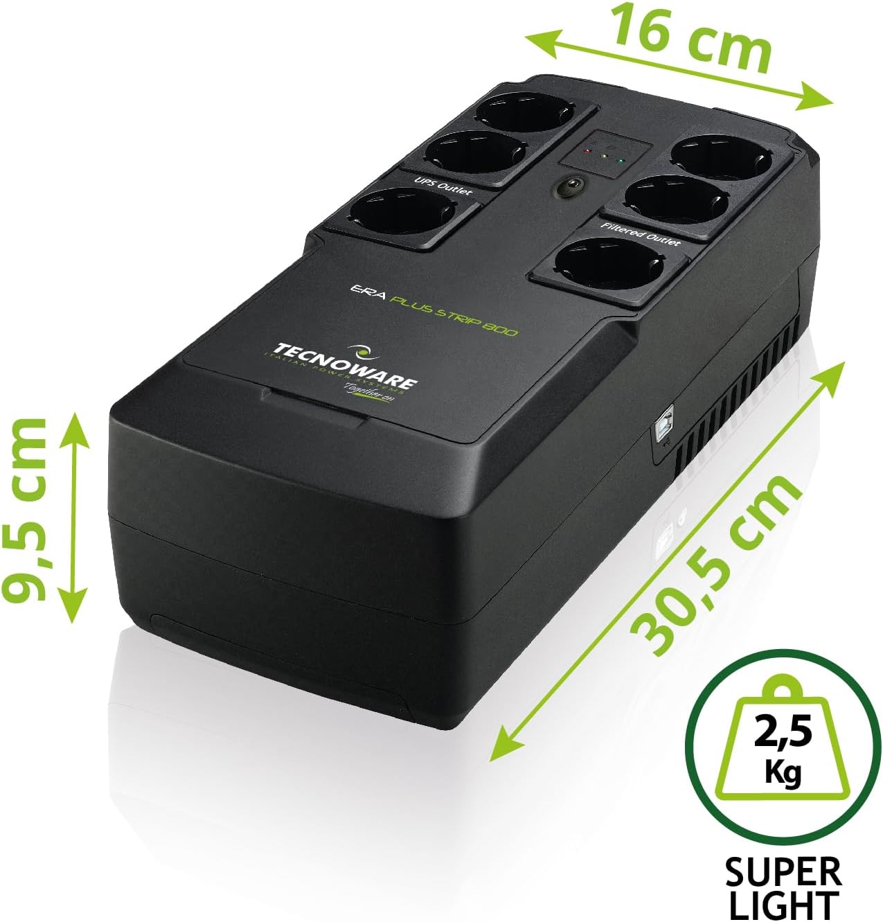Detalle de Tecnoware Power Systems UPS ERA PLUS STRIP 800VA: gruppo di continuità con 6 Schuko per PC, modem e videosorveglianza