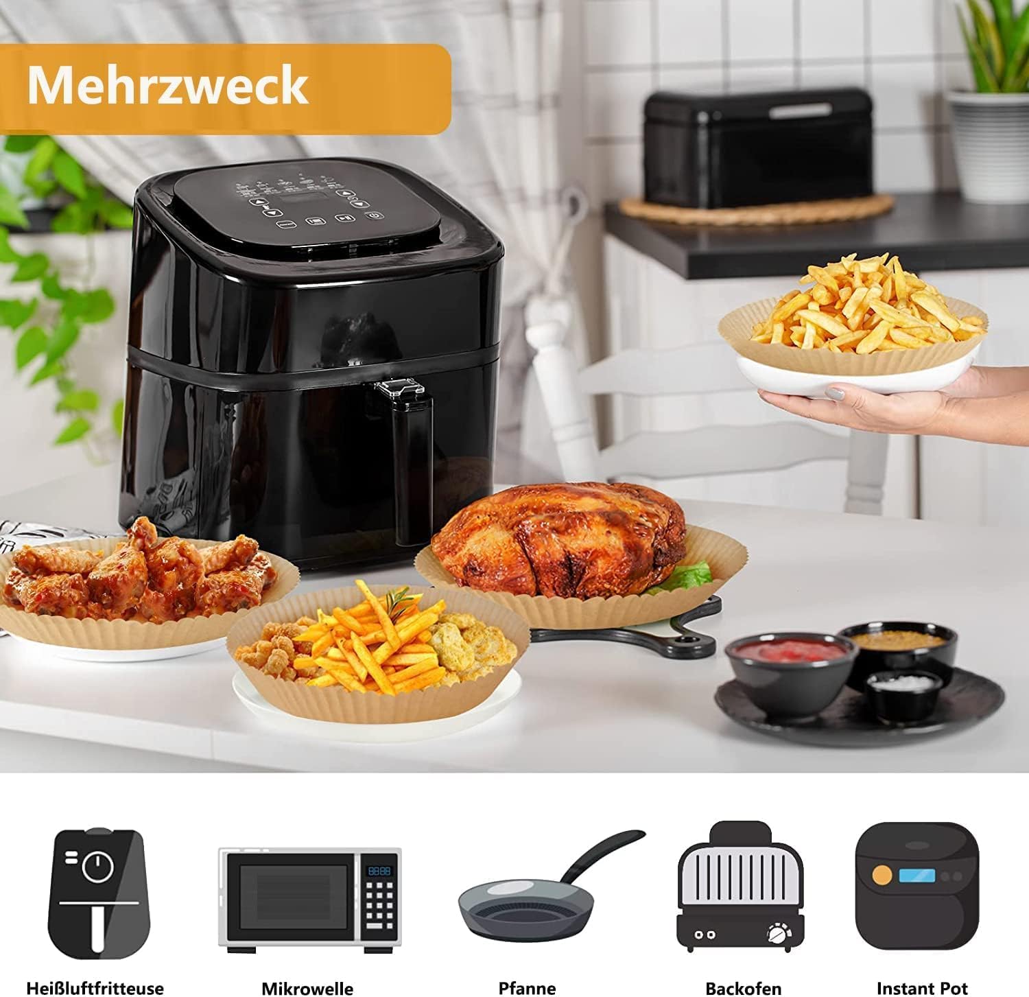 Thumbnail 6 de HONYAO Backpapier für Heißluftfritteuse 3,5–5 L – 100 Stück 18x18 cm quadratisch, antihaft, BPA-frei, hitzestabil bis 230 °C