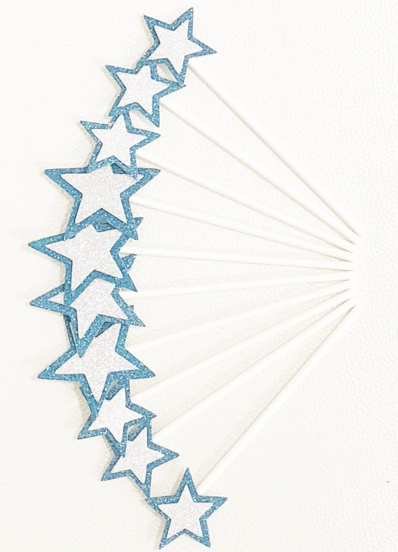 Detalle de AILEXI Handmade Glitter Cake Decorating Toppers – Light Blue/Silver Stars (10 Pack)