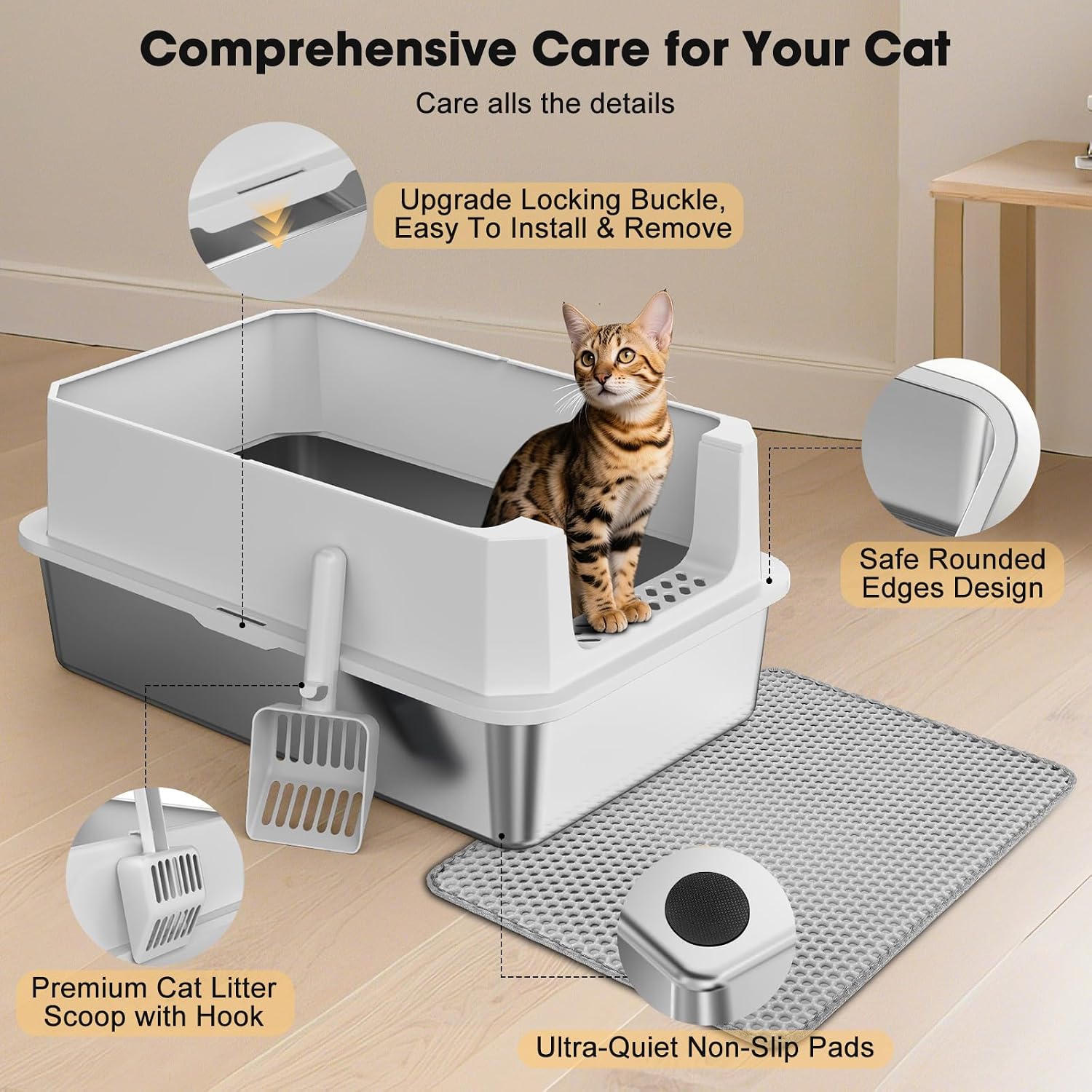 Detalle 2 de FURTIME CLB-SG-XL Stainless Steel Cat Litter Box, Large, High-Sided with Scoop & Mat