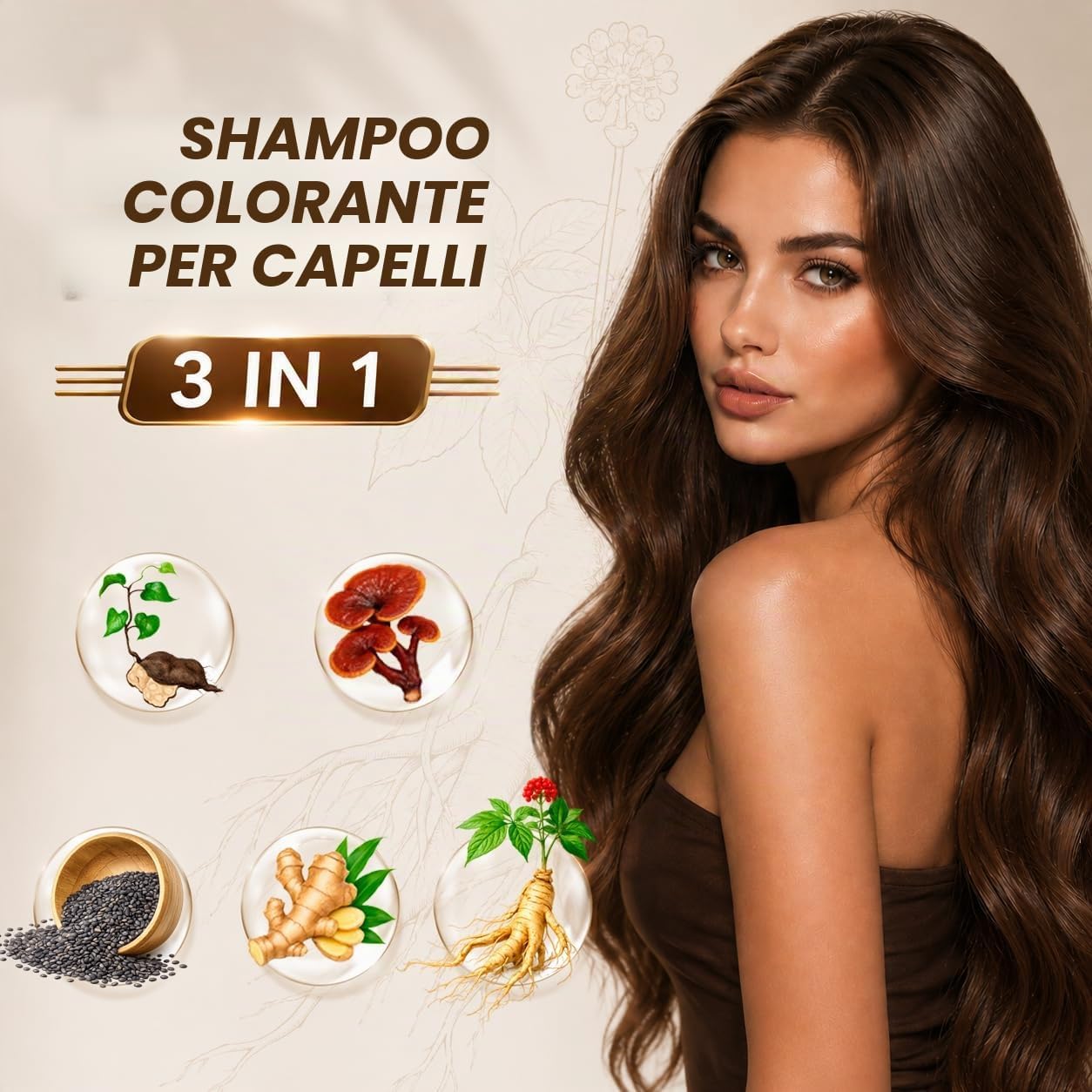 Detalle 2 de Shampoo Colorante Marrone Scuro 500ML per Capelli Bianchi – 3 in 1, effetto naturale e lucentezza