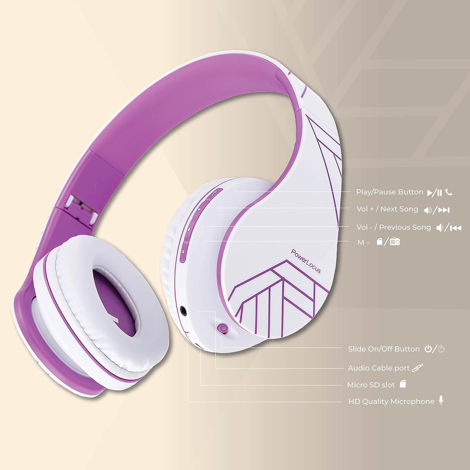 Detalle de PowerLocus Bluetooth Over-Ear Headphones (Wireless & Wired) with Mic, Micro SD/TF and FM – White/Violet