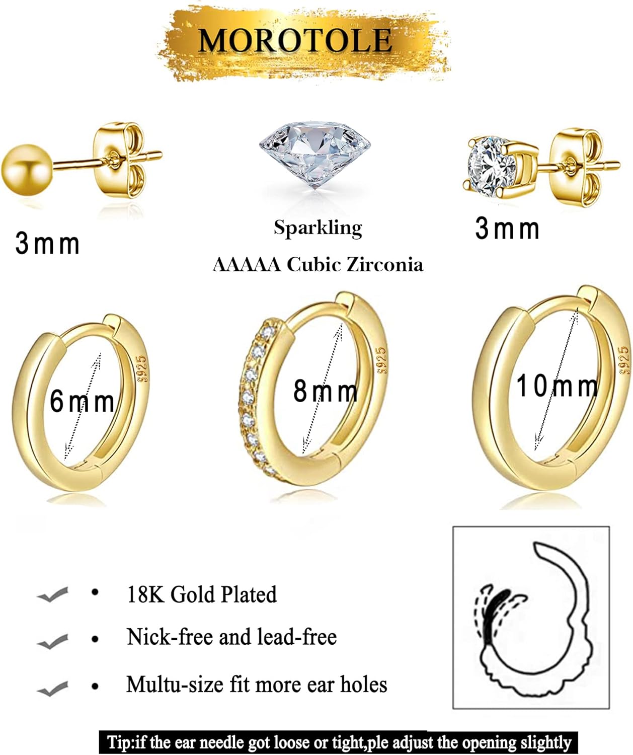 Thumbnail 2 de MOROTOLE 4 Paar kleine Creolen – Huggie-Set aus 18 Karat Gold/Silber, CZ-inlay, 6–14 mm