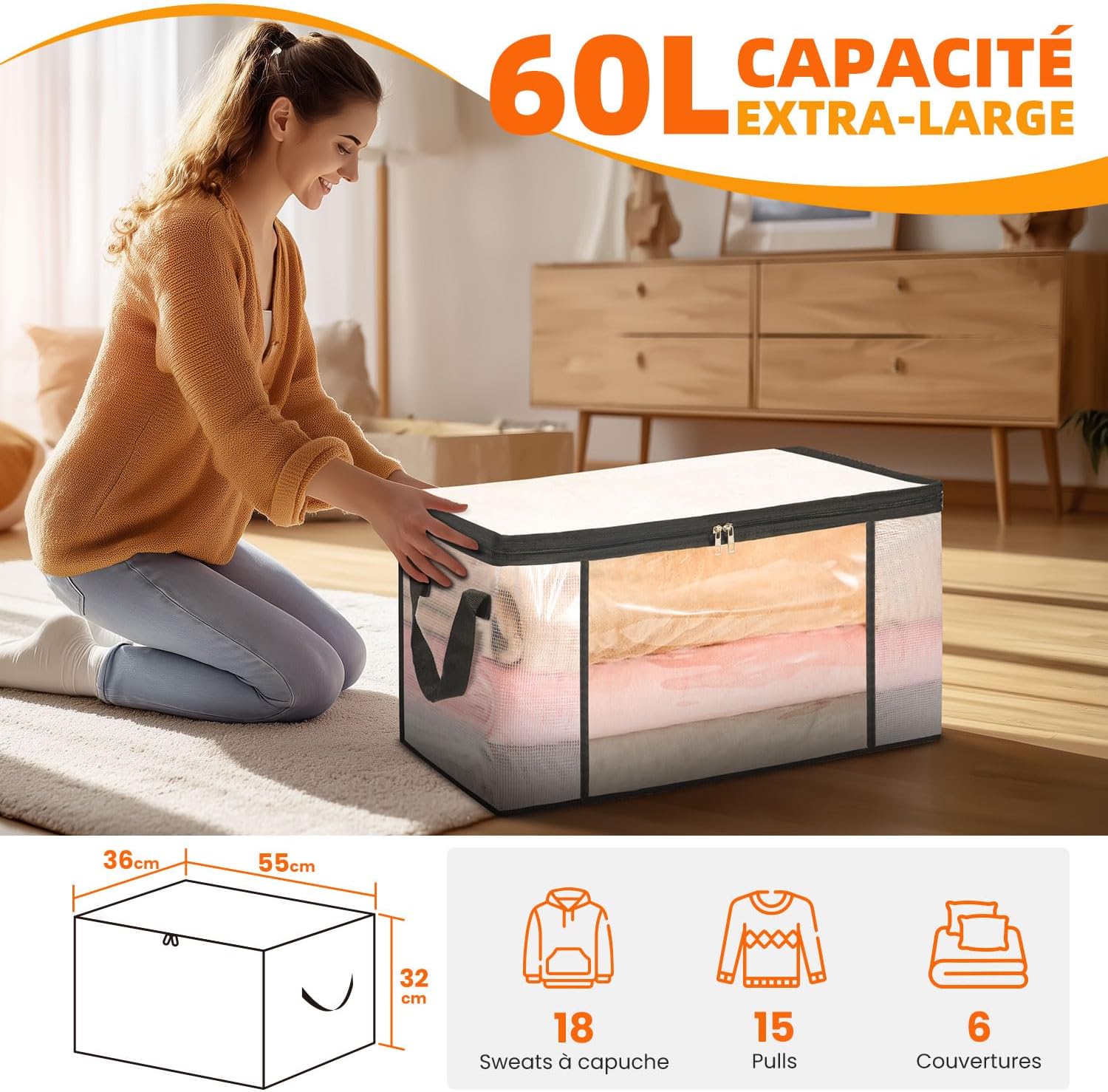 Detalle de NEWSONA Lot de 3 Sacs de Rangement Vetement Transparente 60L – Organisateur Pliable avec Fermeture Éclair et Poignées