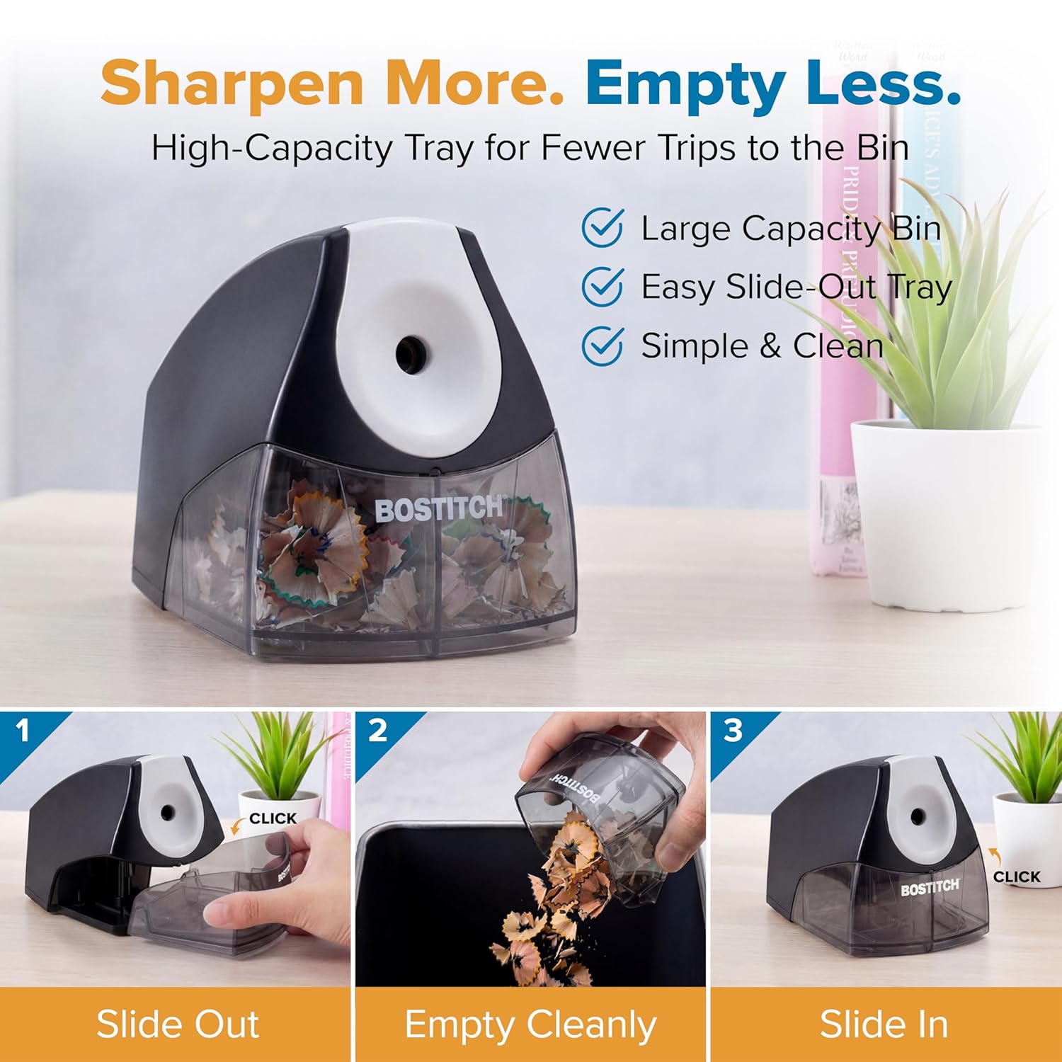 Detalle 2 de Bostitch Office Electric Pencil Sharpener (Heavy Duty, Stall-Free Motor) with High-Capacity Shavings Tray, Black
