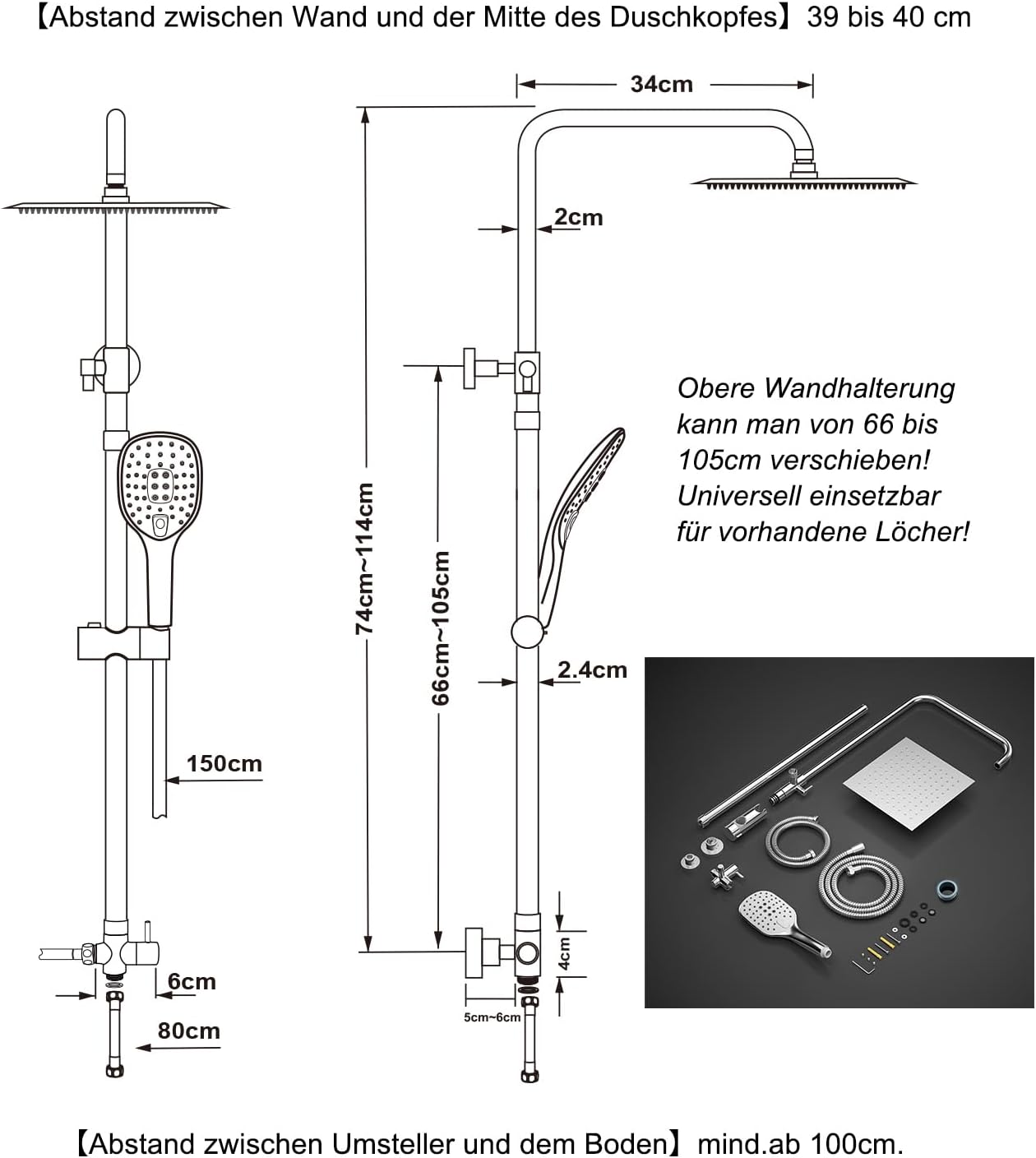 Thumbnail 5 de JOHO Duschset ohne Armatur mit 20×20 cm Regendusche, Handbrause und höhenverstellbarer Stange (Chrom/Edelstahl)