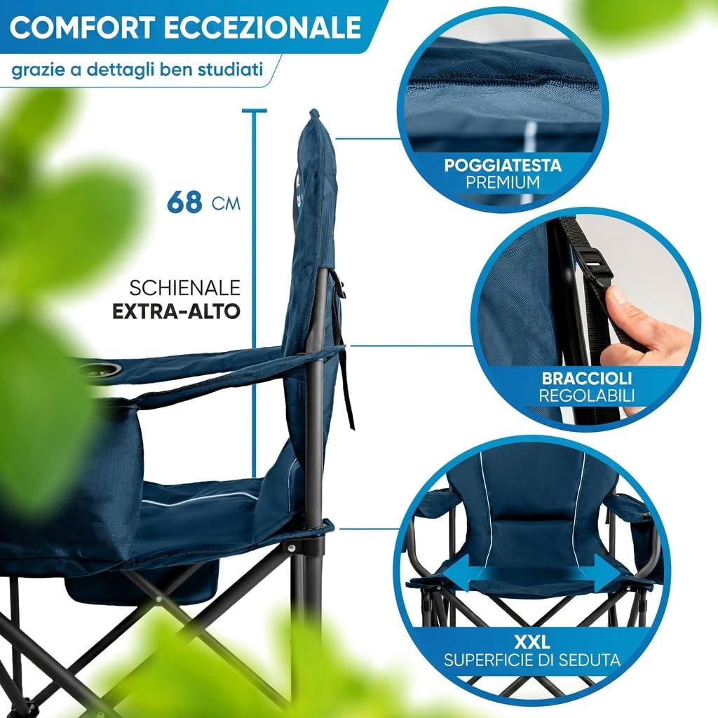 Thumbnail 2 de NORDMUT Sedia da campeggio pieghevole leggera con borsa frigo, portabicchieri e portata 200 kg (Blu 1x)