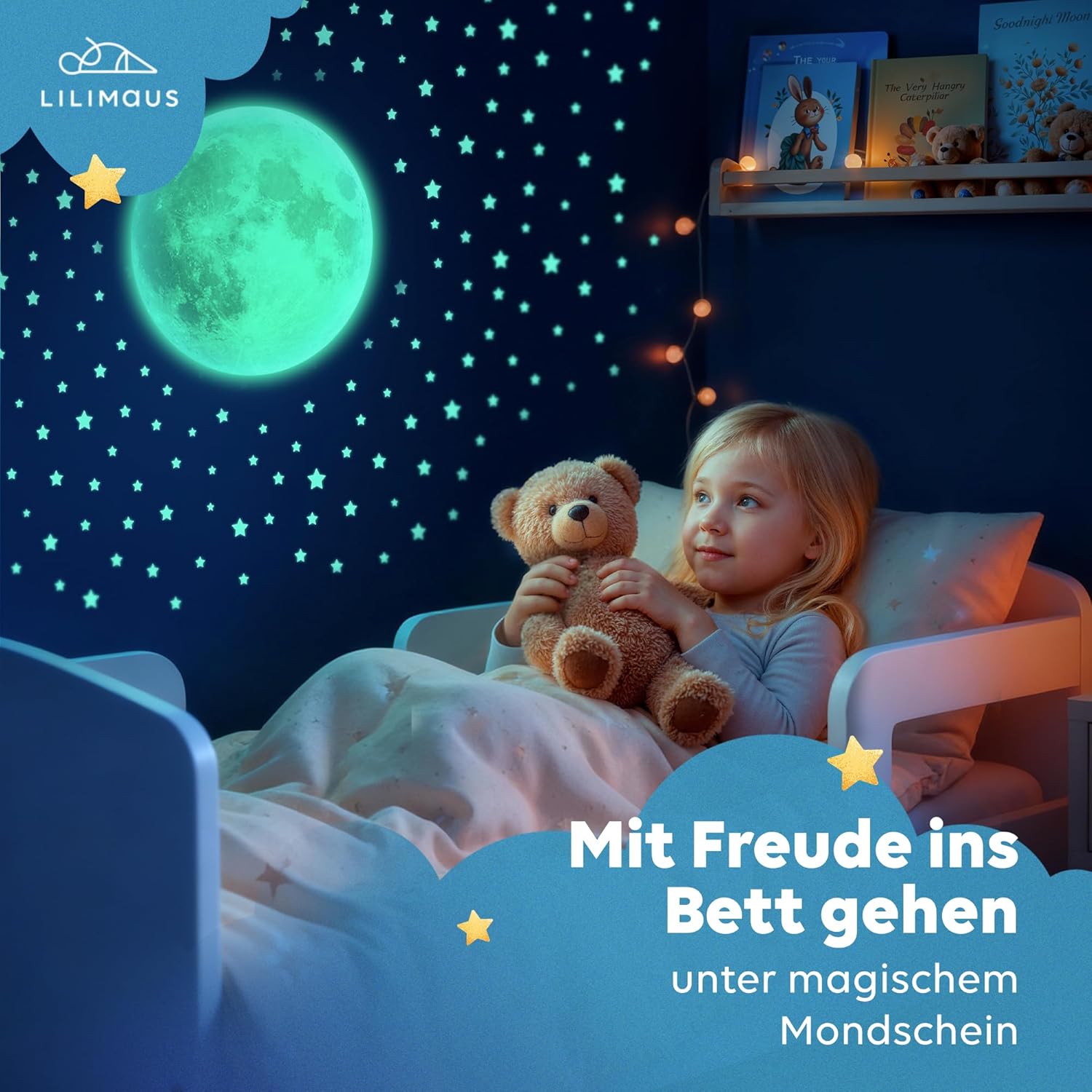 Detalle 2 de LILIMAUS Leuchtmond XXL SELBSTKLEBEND – Mondleuchtsticker für das Kinderzimmer, schaltet den Sternenhimmel im Dunkeln frei