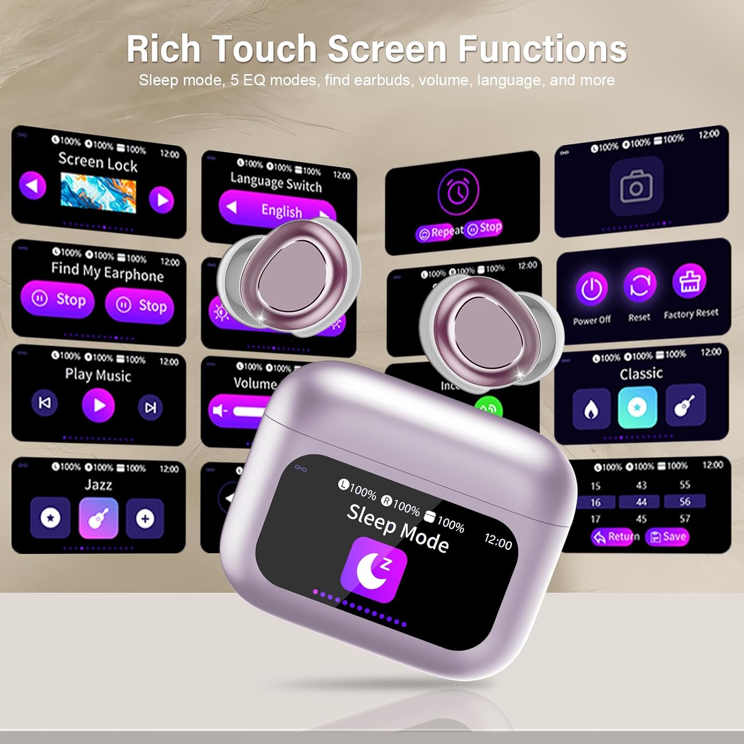 Detalle 2 de ZYHKON Bluetooth Kopfhörer – Schlafkopfhörer In Ear mit Touchscreen, Bluetooth 5.4, 48 h Spielzeit, 5 EQ-Modi (Lilac)