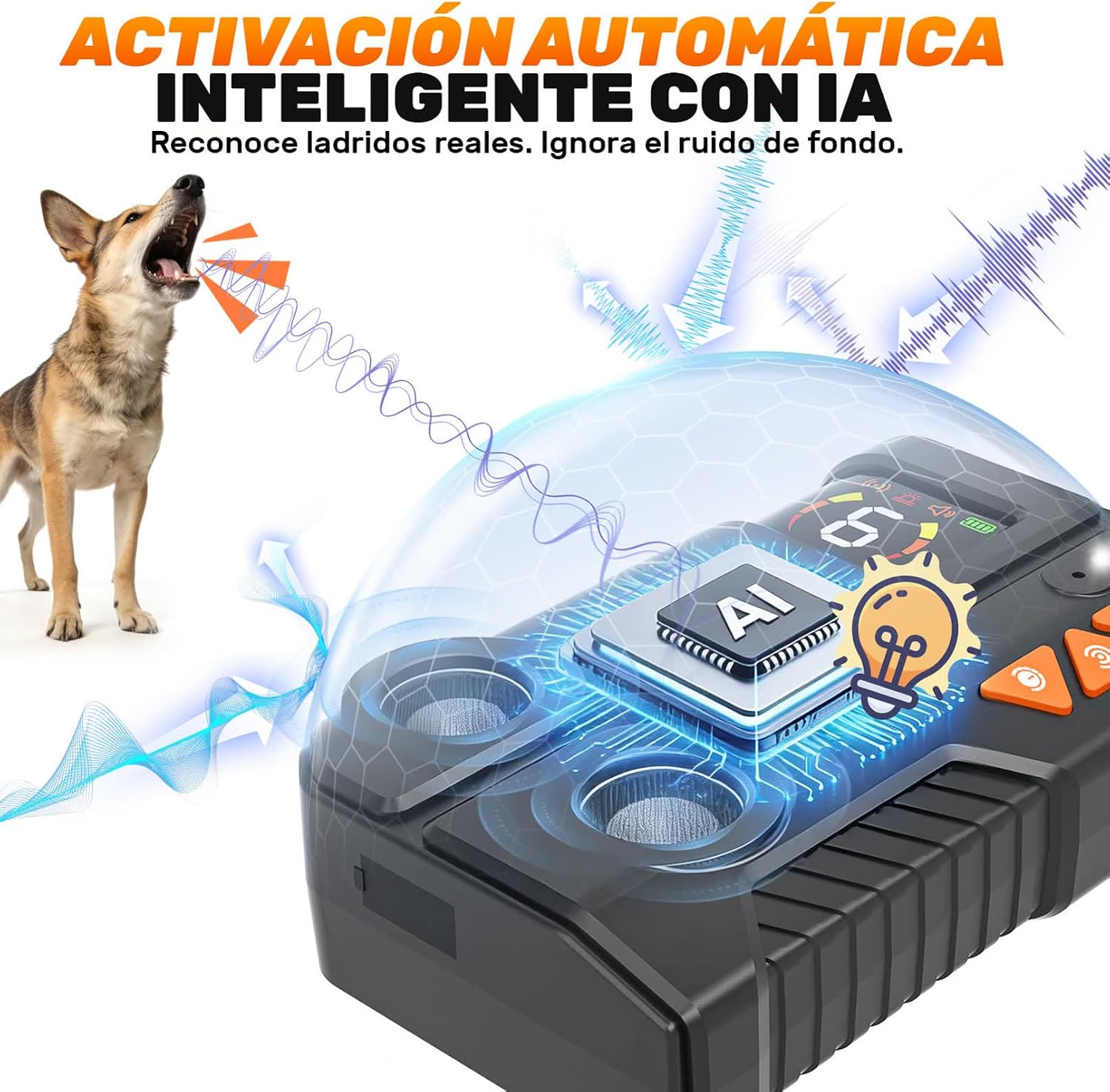 Detalle de Holercoco Antiladridos para Perros con AI Inteligente y Ultrasonidos IPX6 Recargable