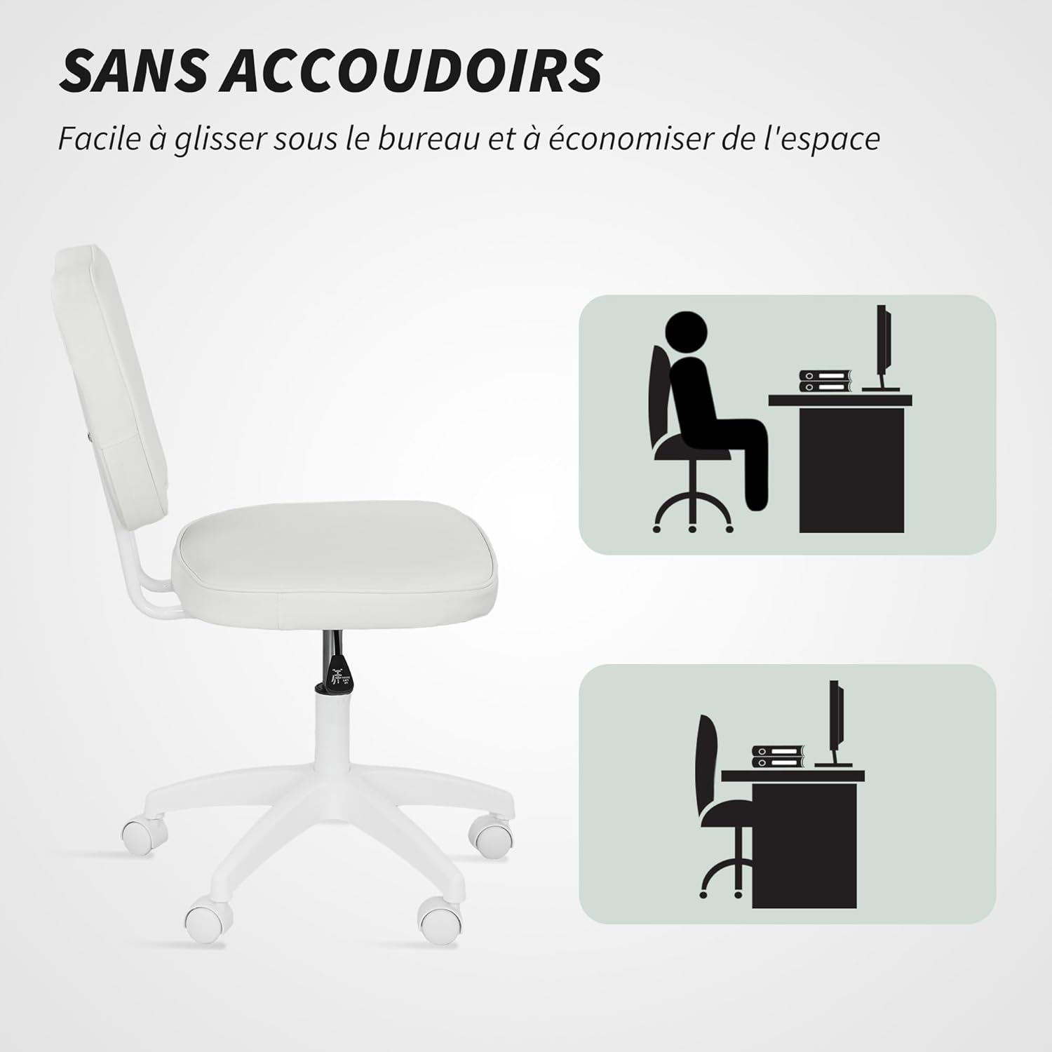Thumbnail 5 de Vinsetto Chaise de bureau pivotante sans accoudoirs, dossier moyen et hauteur réglable (blanc)