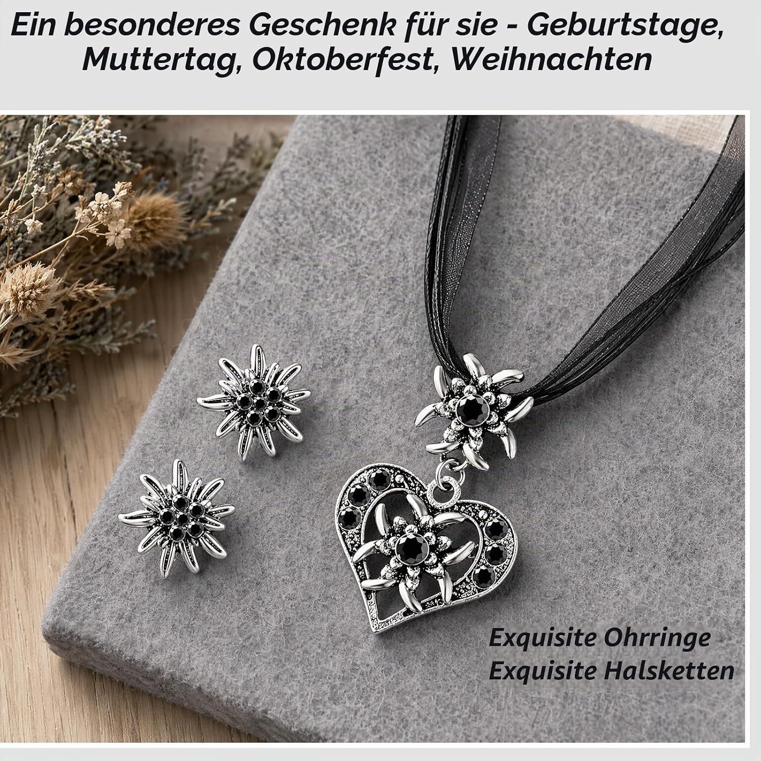 Thumbnail 6 de Homelyxe 3 Stück Trachtenschmuck Set Schwarz – Edelweiß Herz Anhänger für Dirndl, Oktoberfest