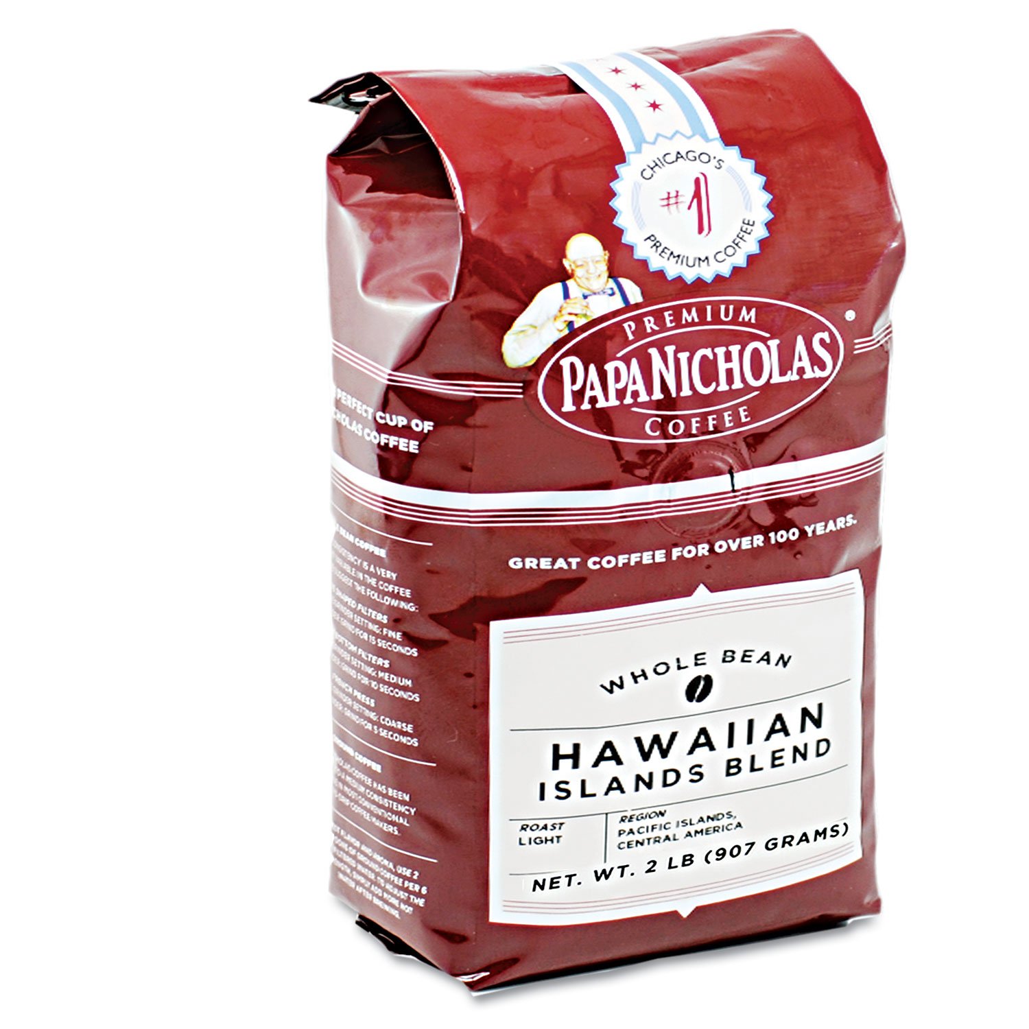 Detalle de PapaNicholas Hawaiian Islands Blend Whole Bean Coffee, 28 Oz Light Roast