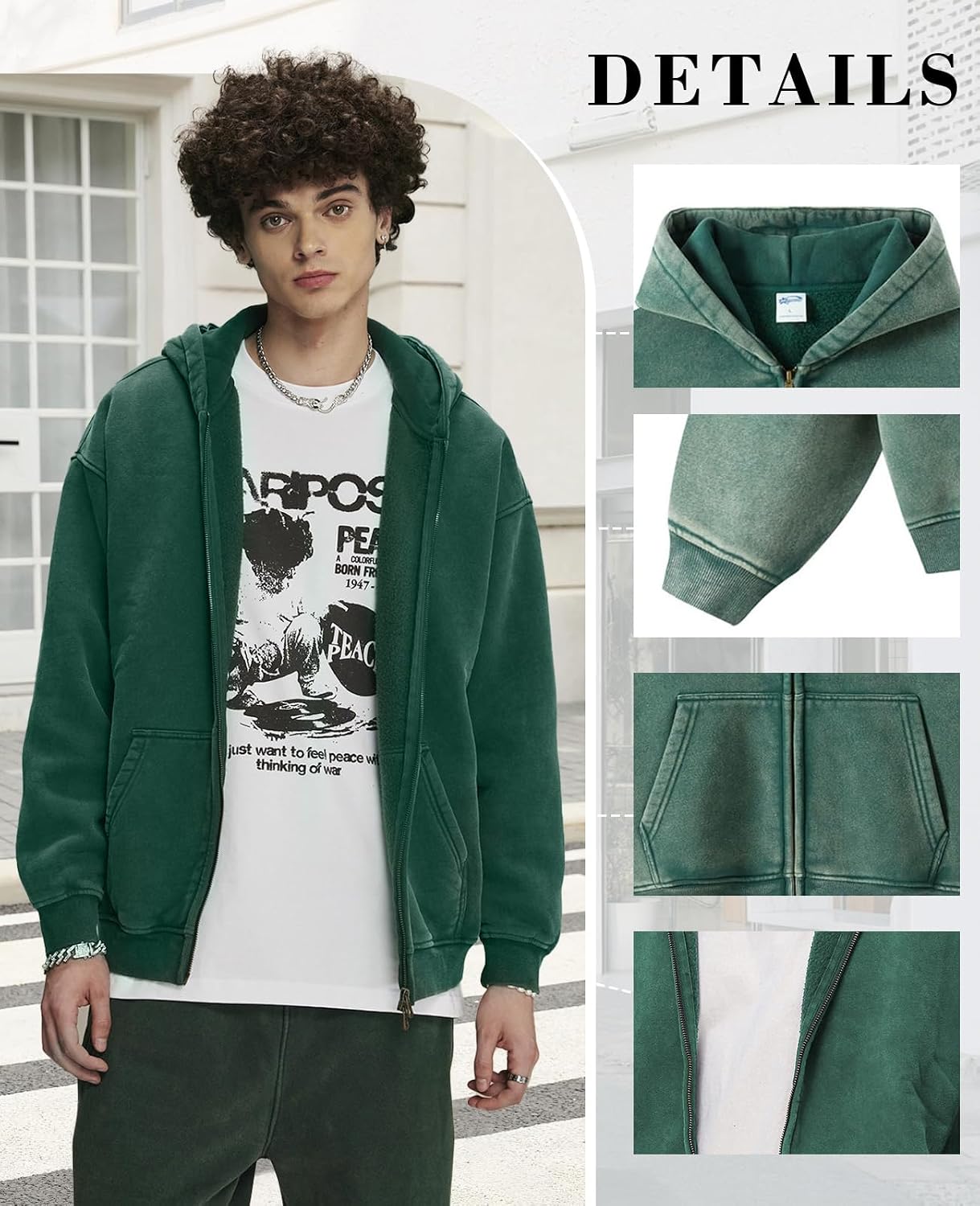 Detalle 2 de HOUZONIY Herren Fleece-Kapuzenpulli mit durchgehendem Reißverschluss – Oversized Zip Hoodie Y2k Hip Hop Stil