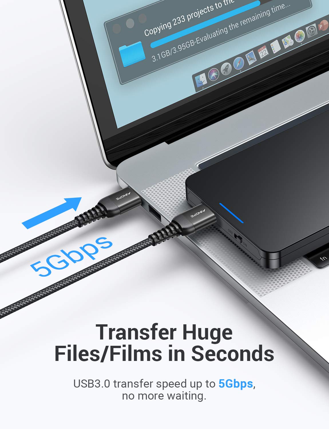 Detalle de AINOPE USB A to A Cable (2 Pack) | USB 3.0 5 Gbps, Nylon-Braided, Never Rupture, A to A Male to Male
