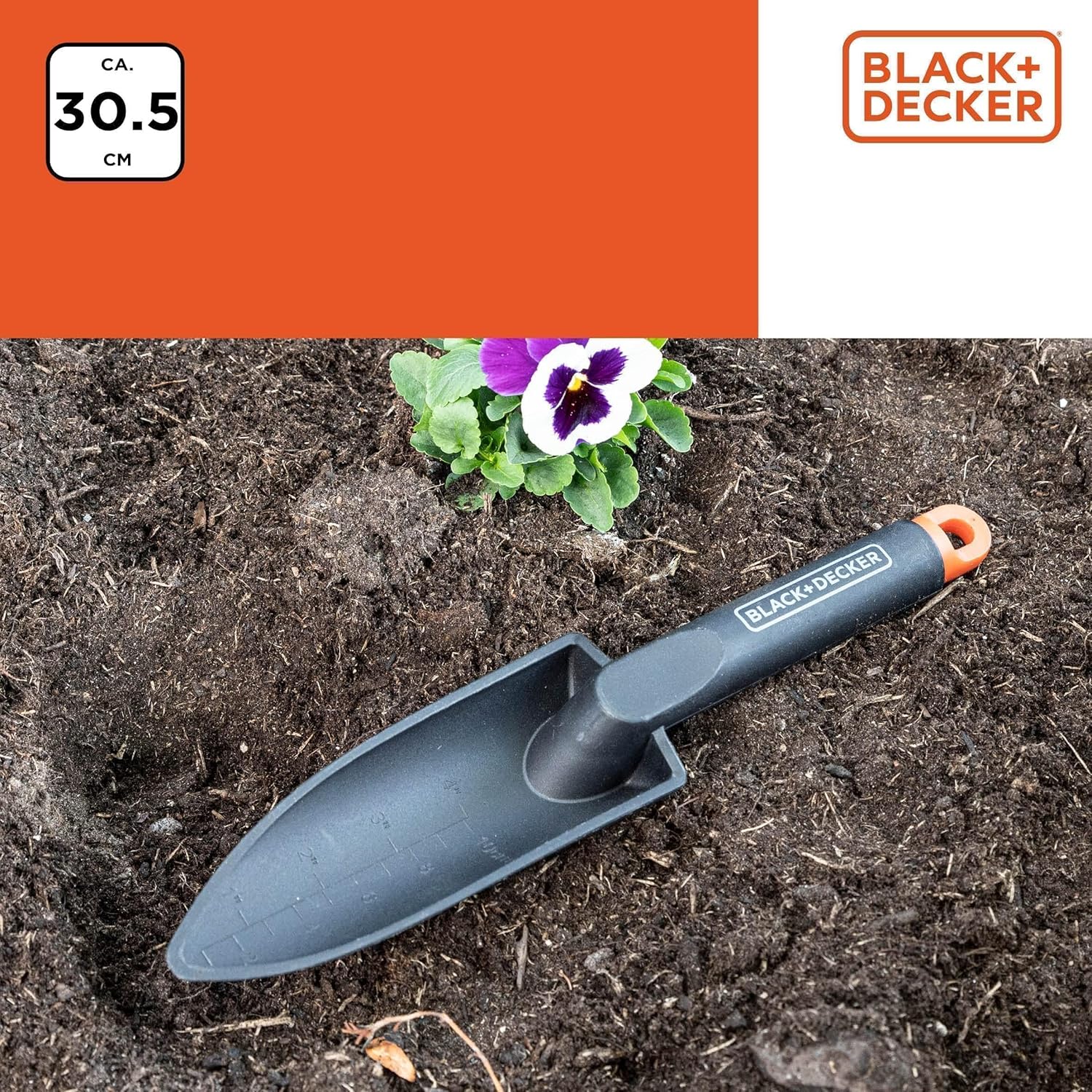 Detalle de BLACK+DECKER Pala da giardino con scala di misurazione, 30,5 cm – PP, Nero/Arancione
