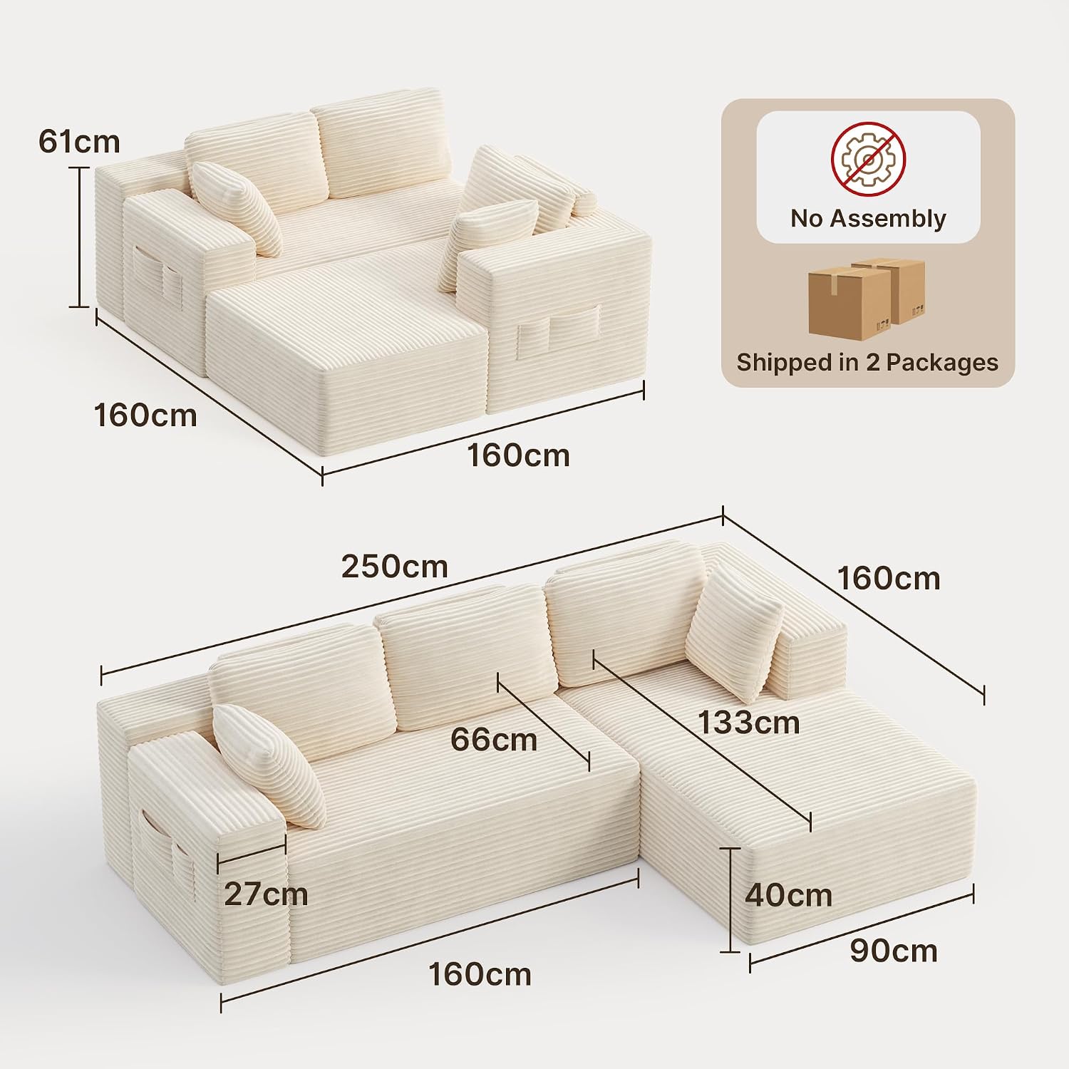 Detalle 2 de Xbro AR35 hoekzetel, 3-zits in L-vorm met chaise longue rechts, beige ribstof