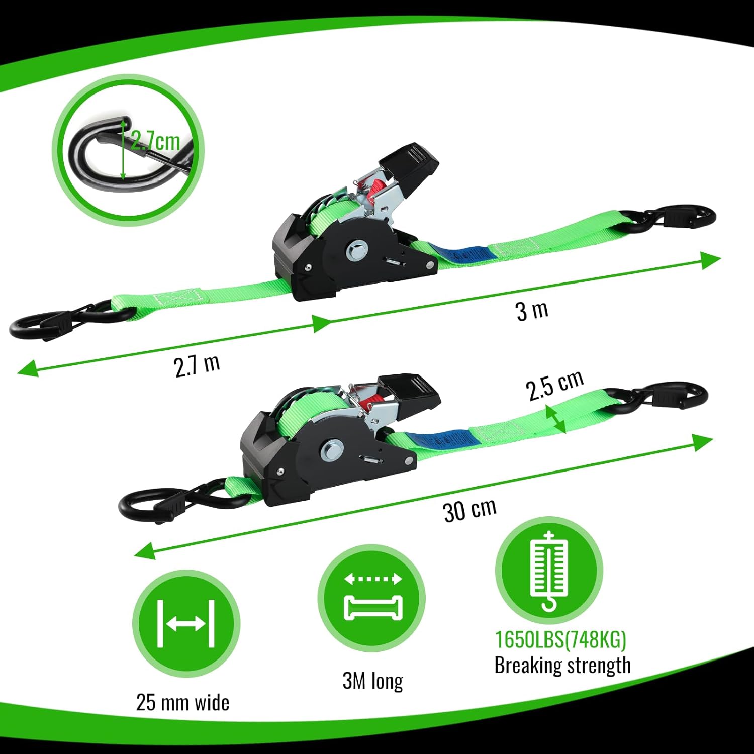Thumbnail 1 de TLGREEN Automatik Spanngurt 2 Stück – 3 m x 25 mm, Selbstaufrollende Zurrgurte mit S-Haken (750 kg), grün