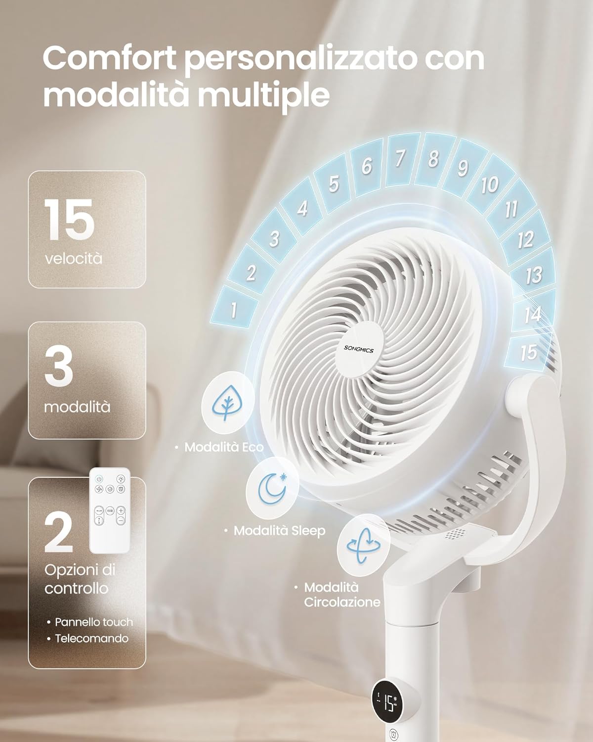 Detalle de SONGMICS Ventilatore a Piantana XFC002W1EU: silenzioso, versatile e regolabile per ogni stanza