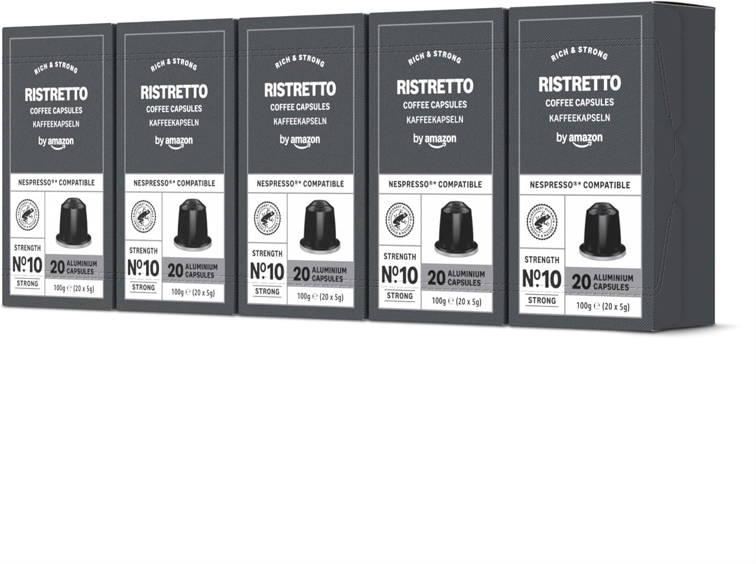 Detalle de By Amazon Capsules Café Ristretto en aluminium – 100 capsules compatibles Nespresso (5 x 20) et certifié Rainforest Alliance