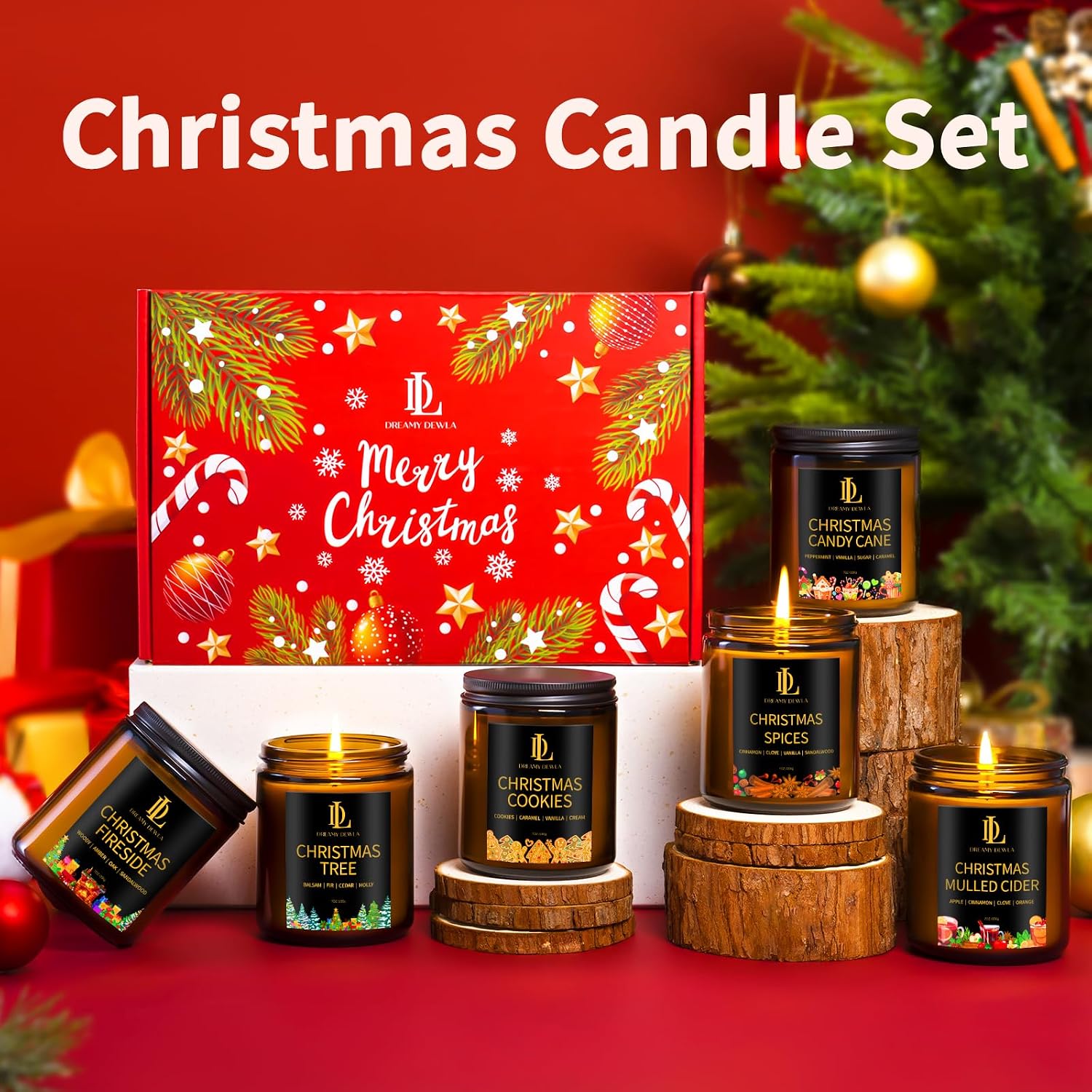 Detalle 2 de DL DREAMY DEWLA Christmas Candle Set, 6 Soy Wax Jars, 42 oz, 6 Holiday Scents