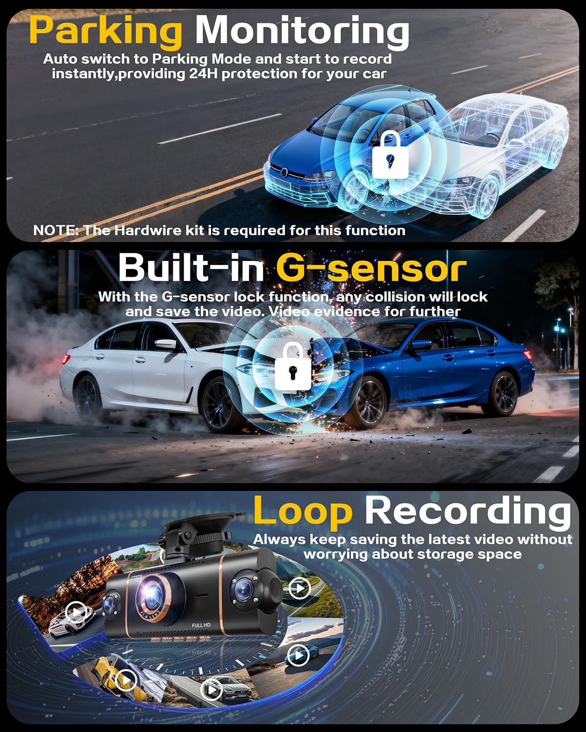Thumbnail 3 de 4-Channel 4K Dash Cam with 5G WiFi, GPS and 24H Parking Mode (Front/Rear/Inside/Side, 64GB included)