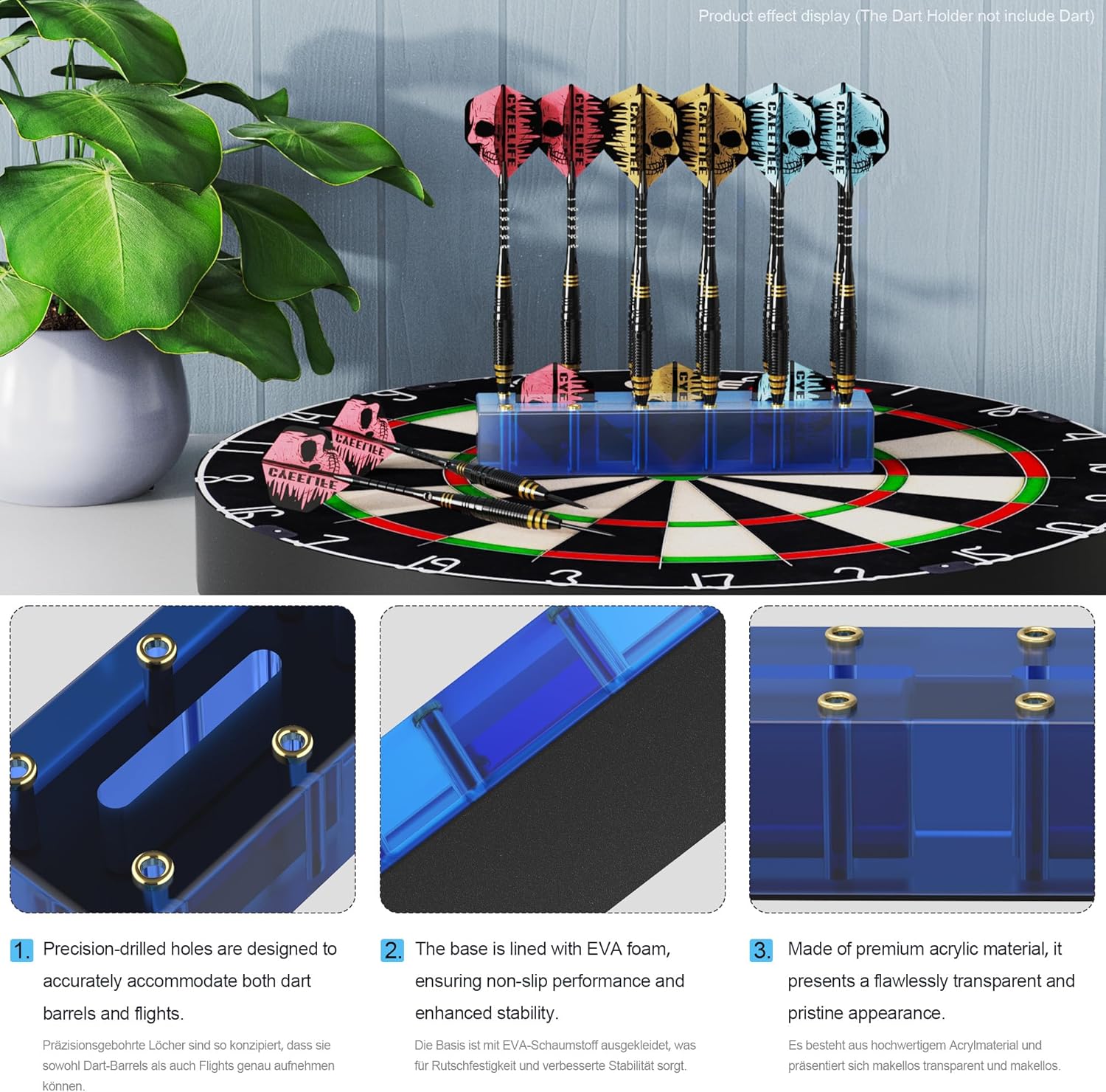 Detalle de CyeeLife présentoir de fléchettes en acrylique transparent – support pour 12 fléchettes (bleu)