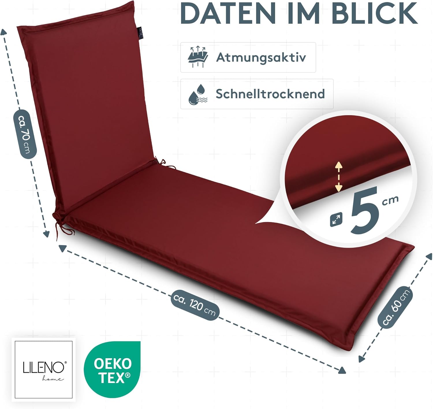 Thumbnail 5 de LILENO HOME 2er-Set Sonnenliege mit Rollen, gepolstert rot (188 x 60 x 5 cm) – für Garten & Terrasse