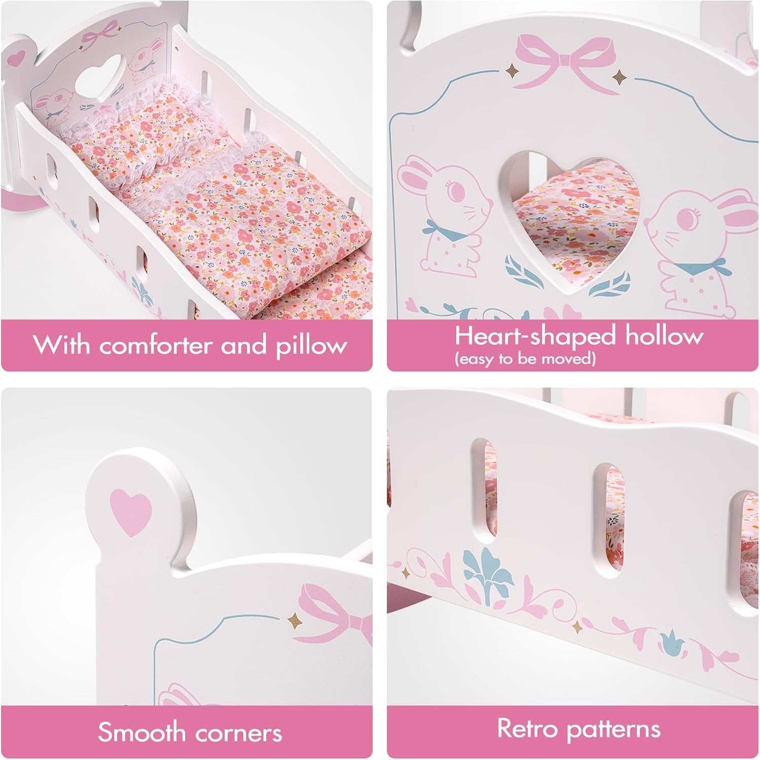 Detalle de ROBOTIME Wooden Baby Doll Crib for 18-24 Inch Dolls (with blanket and pillow) — rocker doll cradle bed