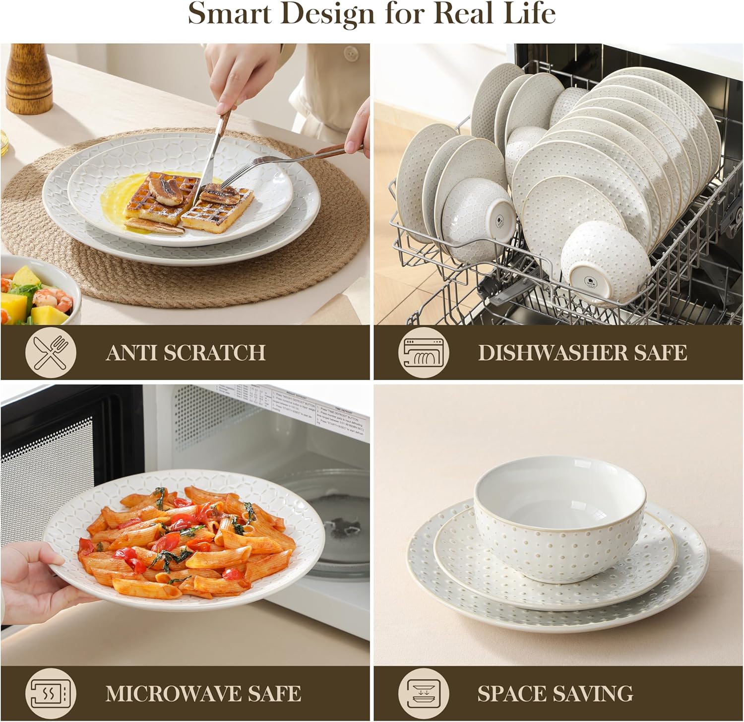 Thumbnail 3 de MALACASA 24-Piece Dinnerware Set for 8 — Embossed High- fired Ceramic Stoneware for Everyday & Entertaining
