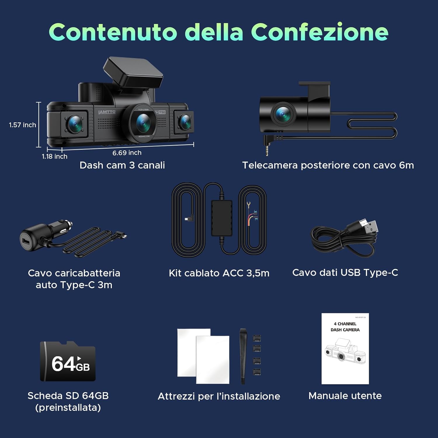 Thumbnail 6 de LAMTTO Dashcam 4 Canali 360° con WiFi 5GHz e kit hardwire: sorveglianza per auto, taxi e parcheggio